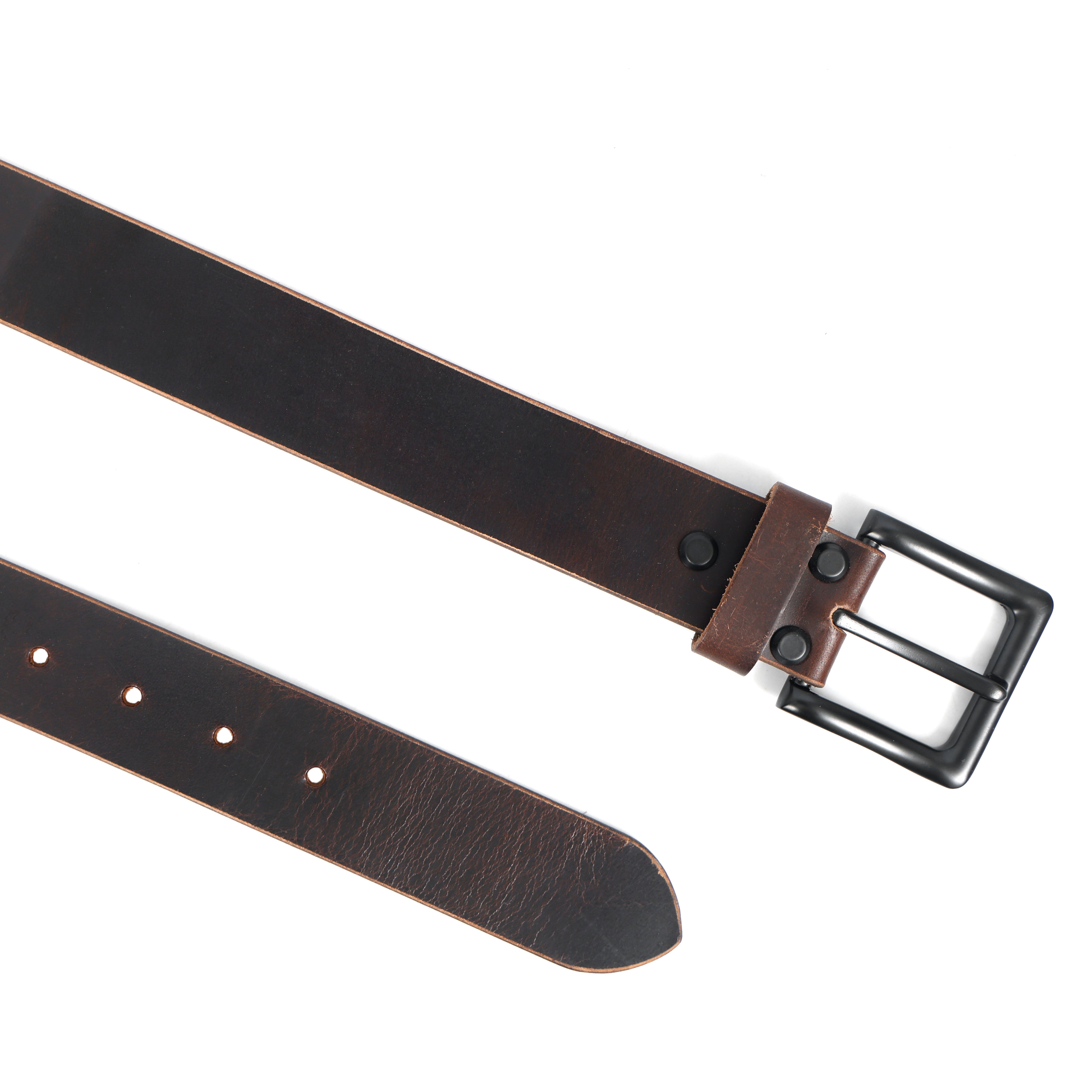 GM Leather dark brown handcrafted leather belt detailing showing the rugged grain, holes, and secure rivet construction near the black hardware.