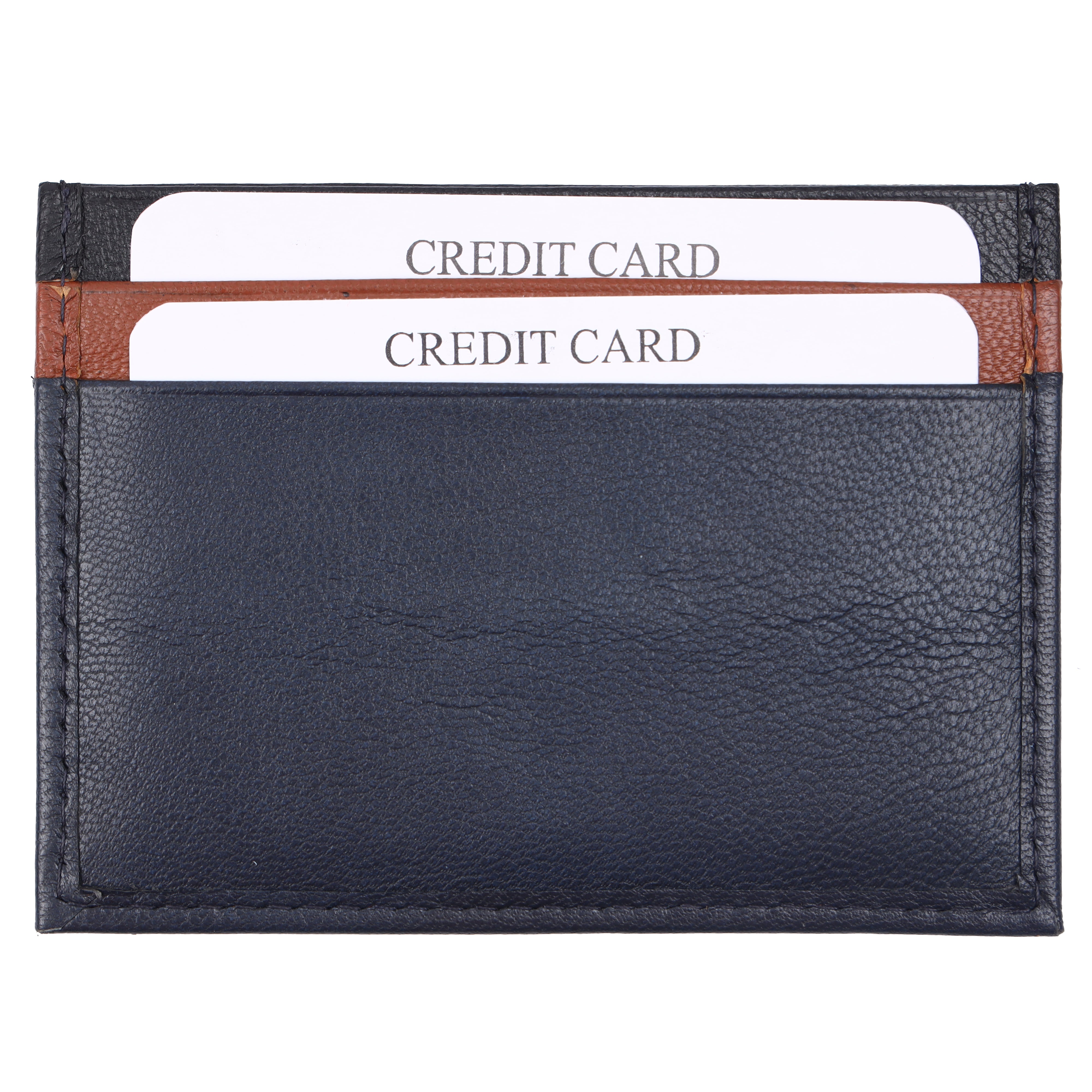 Back view of GM Leather handcrafted pocket card wallet in navy, tan, and black premium leather layers.