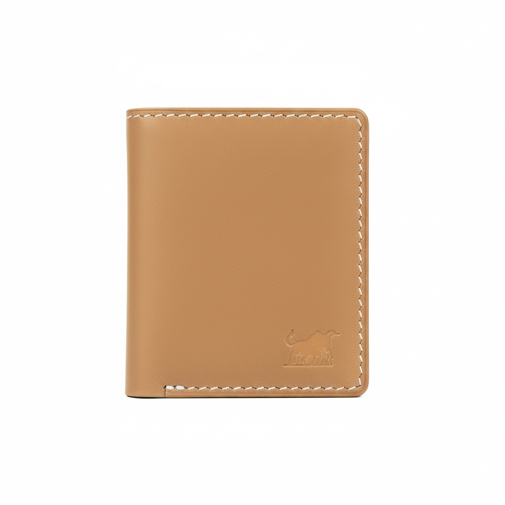 premium Handstitched Bifold Leather Wallet by GM Leather Auckland, showcasing light tan full-grain leather with white accent stitching and the GM Leather logo emboss.