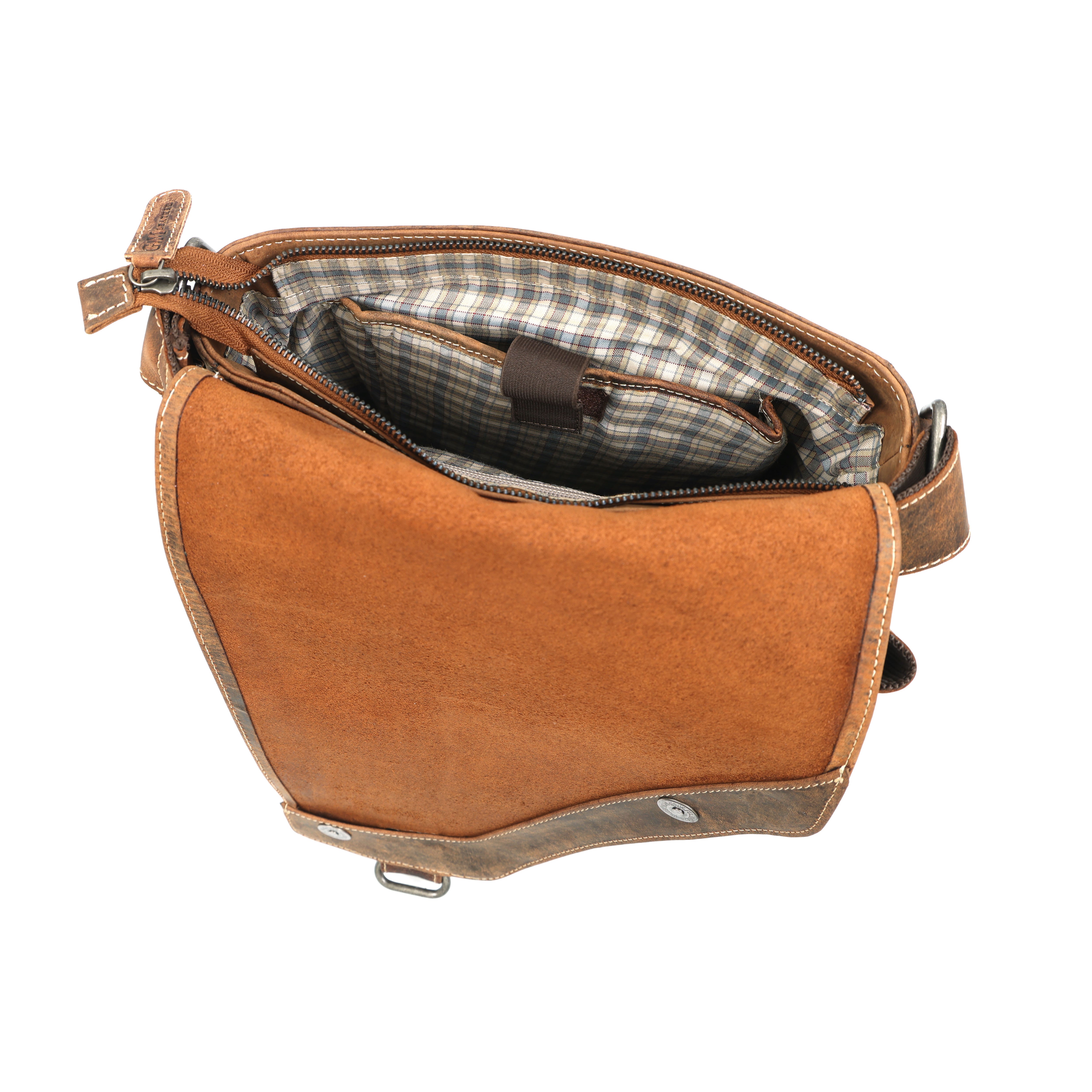 GM Leather hunter brown messenger bag with vintage distressed finish and adjustable shoulder strap, available at LynnMall, New Lynn, Auckland