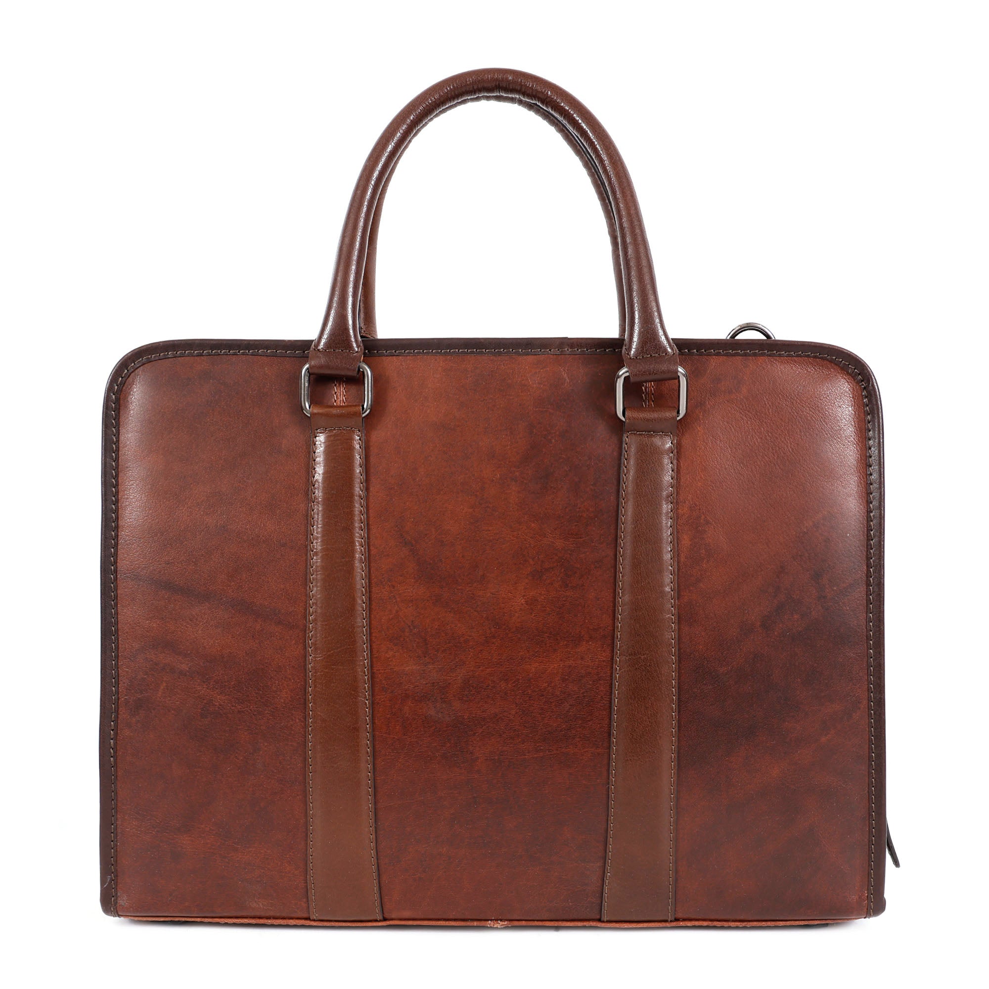 GM Leather laptop bag showing padded tech compartment and secure leather fastening strap.