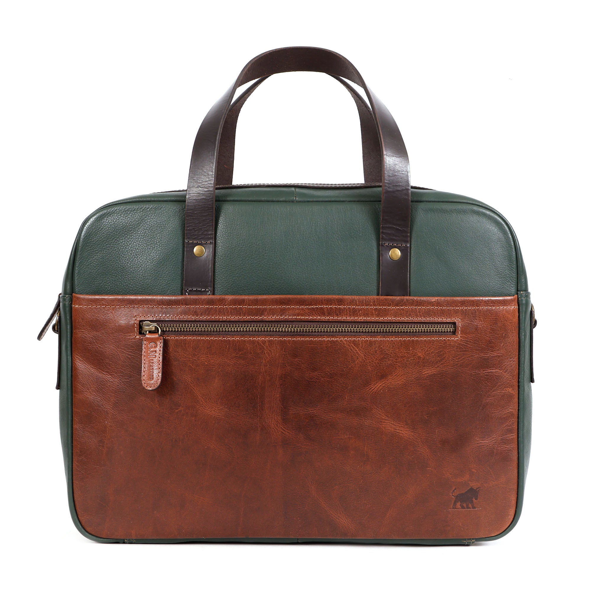 GM Leather laptop bag showing padded compartment and brown leather accents.