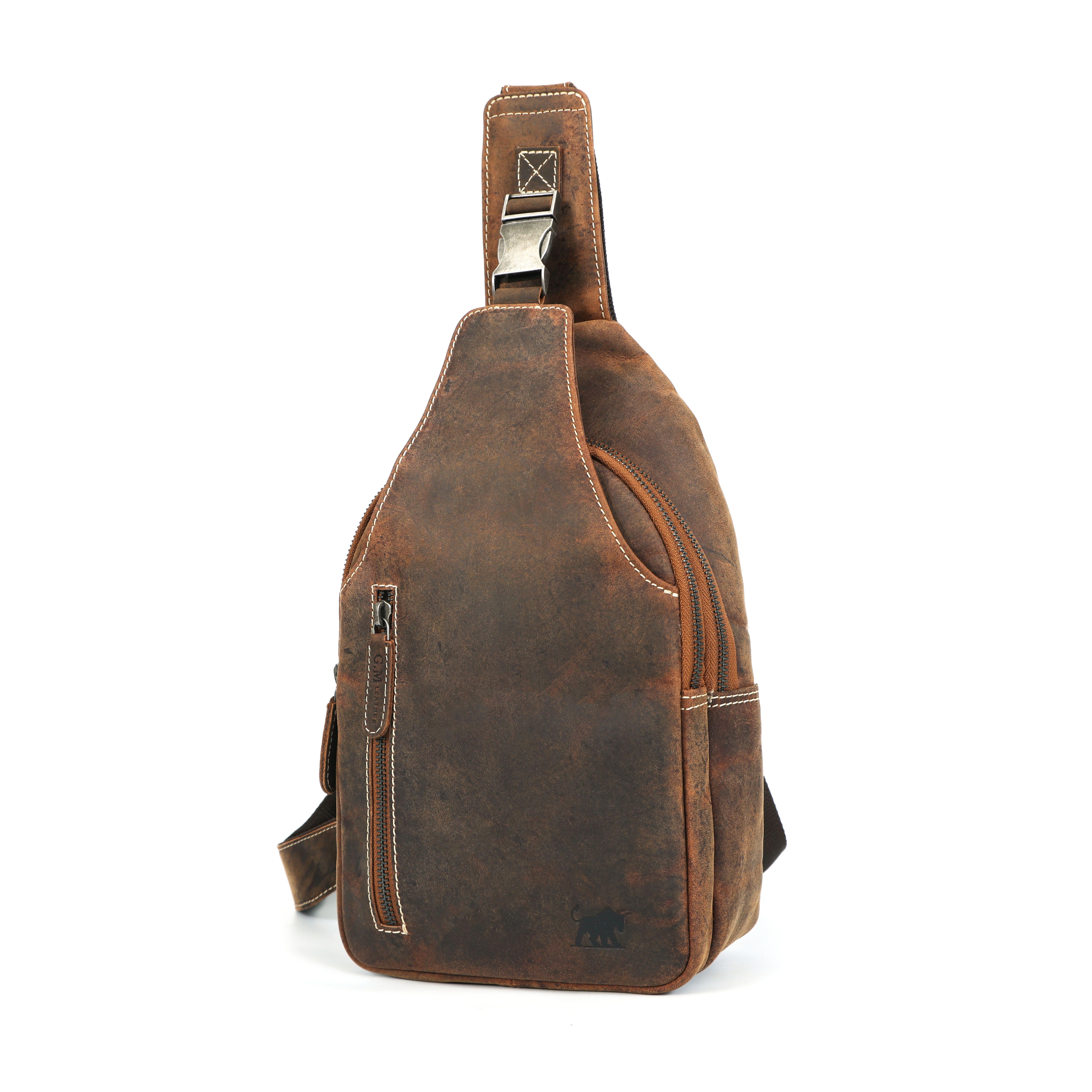 Brown leather crossbody chest bag for everyday and travel by GM Leather Auckland, handcrafted full-grain leather