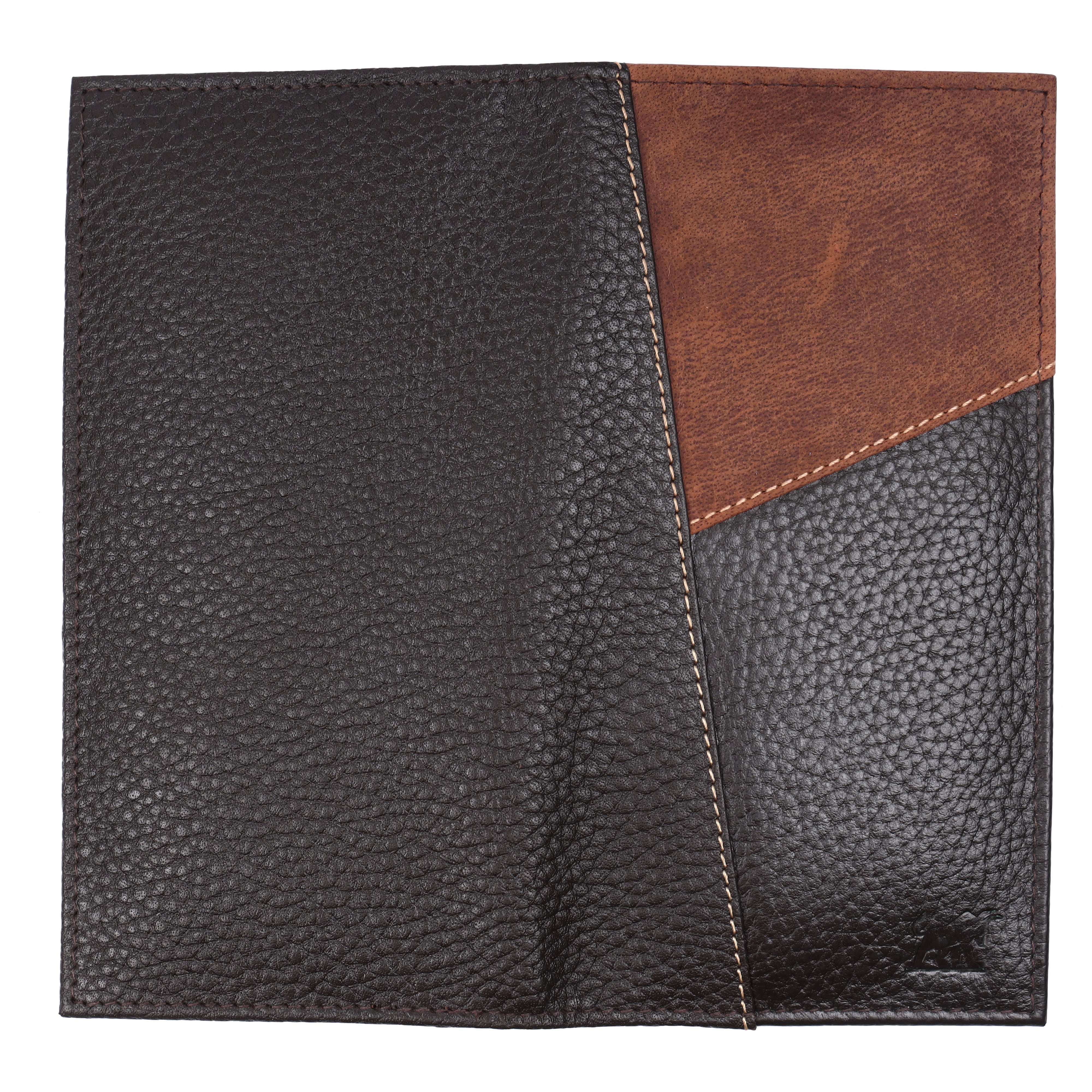 Fully opened interior view of GM Leather long portfolio clutch showcasing black textured leather card slots, bill compartments, and a clear ID window.