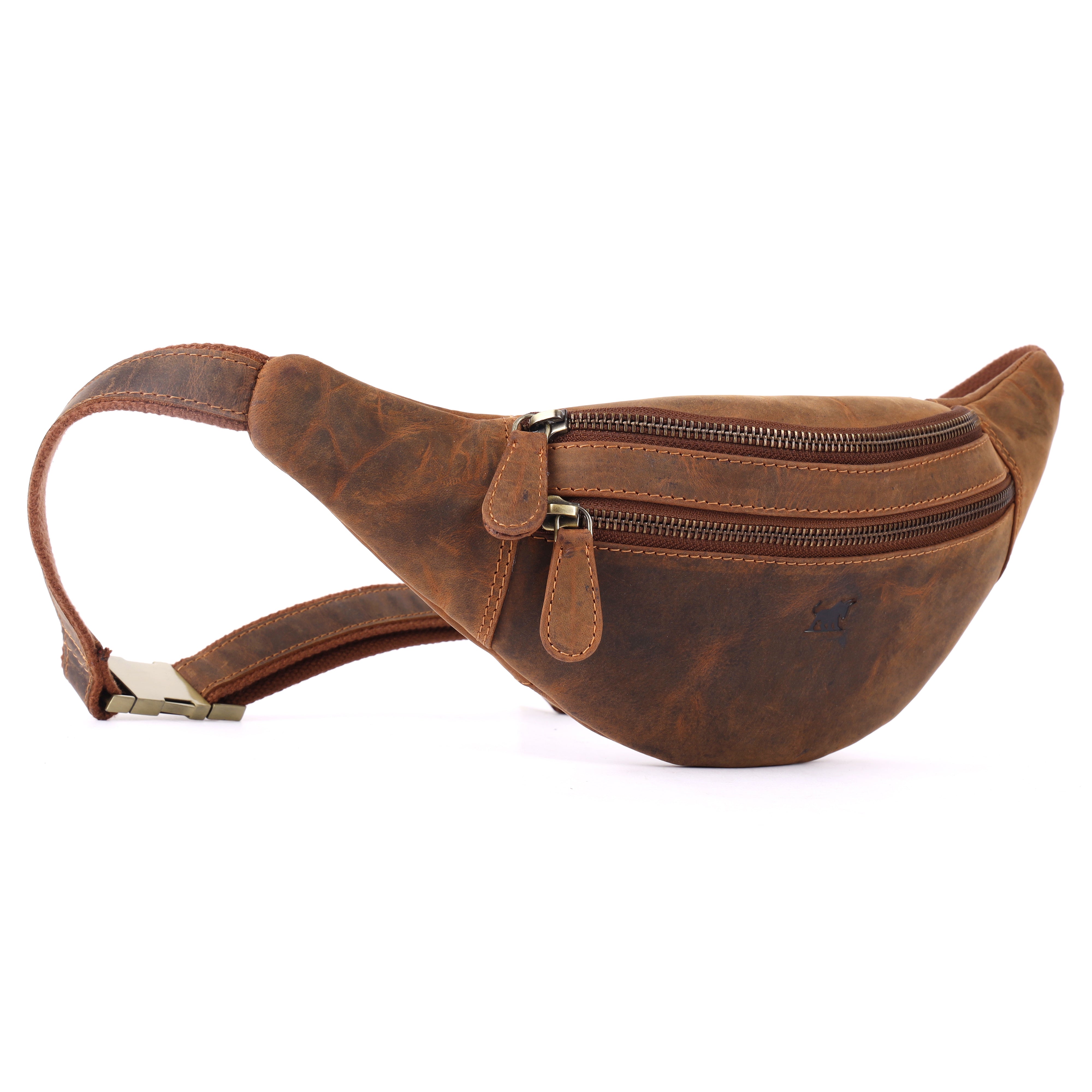 GM Leather medium brown distressed leather bum bag fanny pack with logo embossed on front panel Auckland.