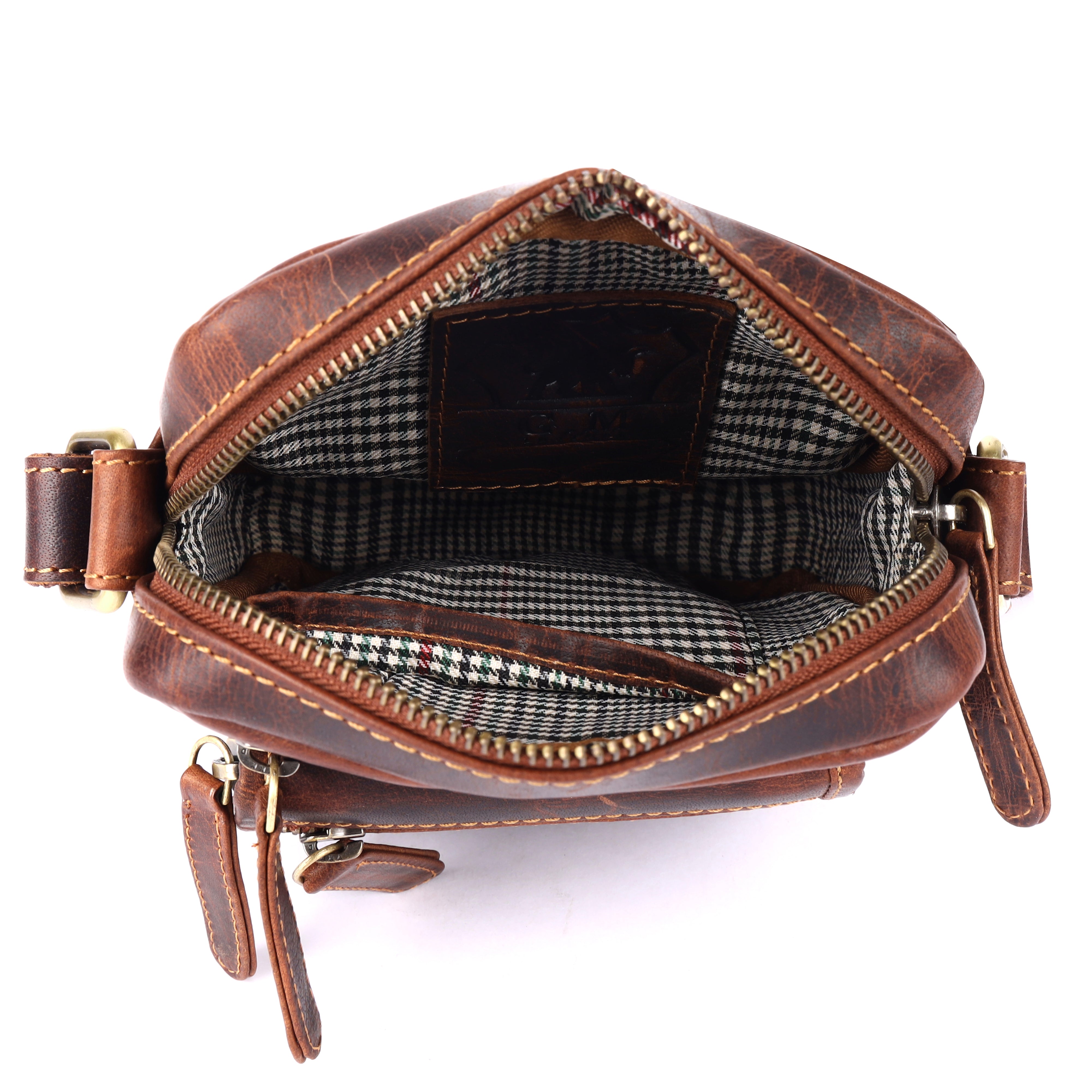 GM Leather crossbody bag showing the premium checkered fabric lining and spacious compartments in New Lynn Auckland.