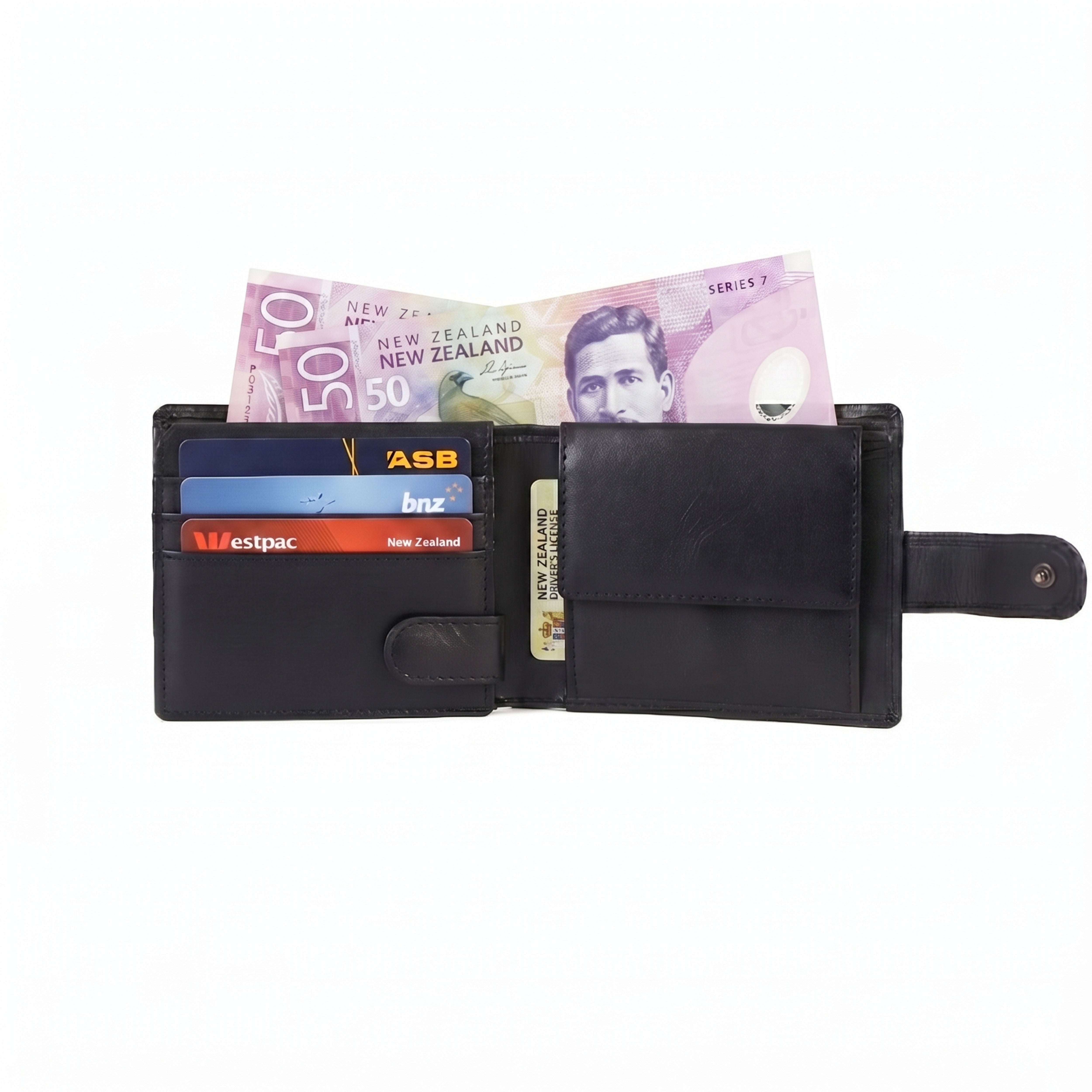 Open black leather wallet by GM Leather showing card slots, Westpac, BNZ, and ASB cards, and New Zealand 50 dollar notes