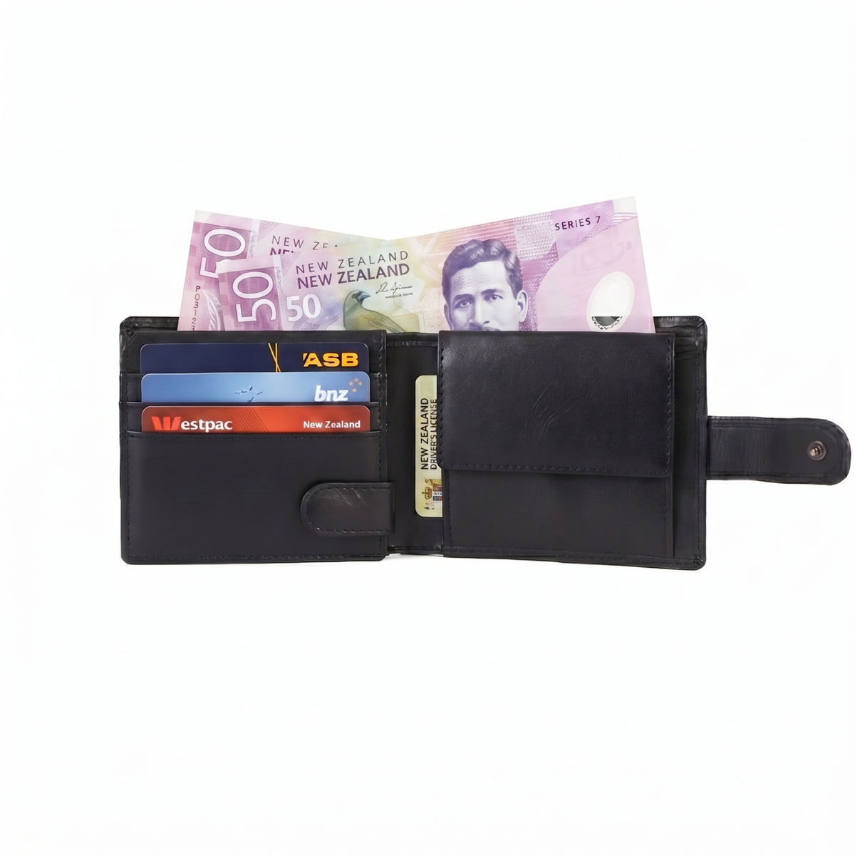 Open black leather wallet by GM Leather showing card slots, Westpac, BNZ, and ASB cards, and New Zealand 50 dollar notes