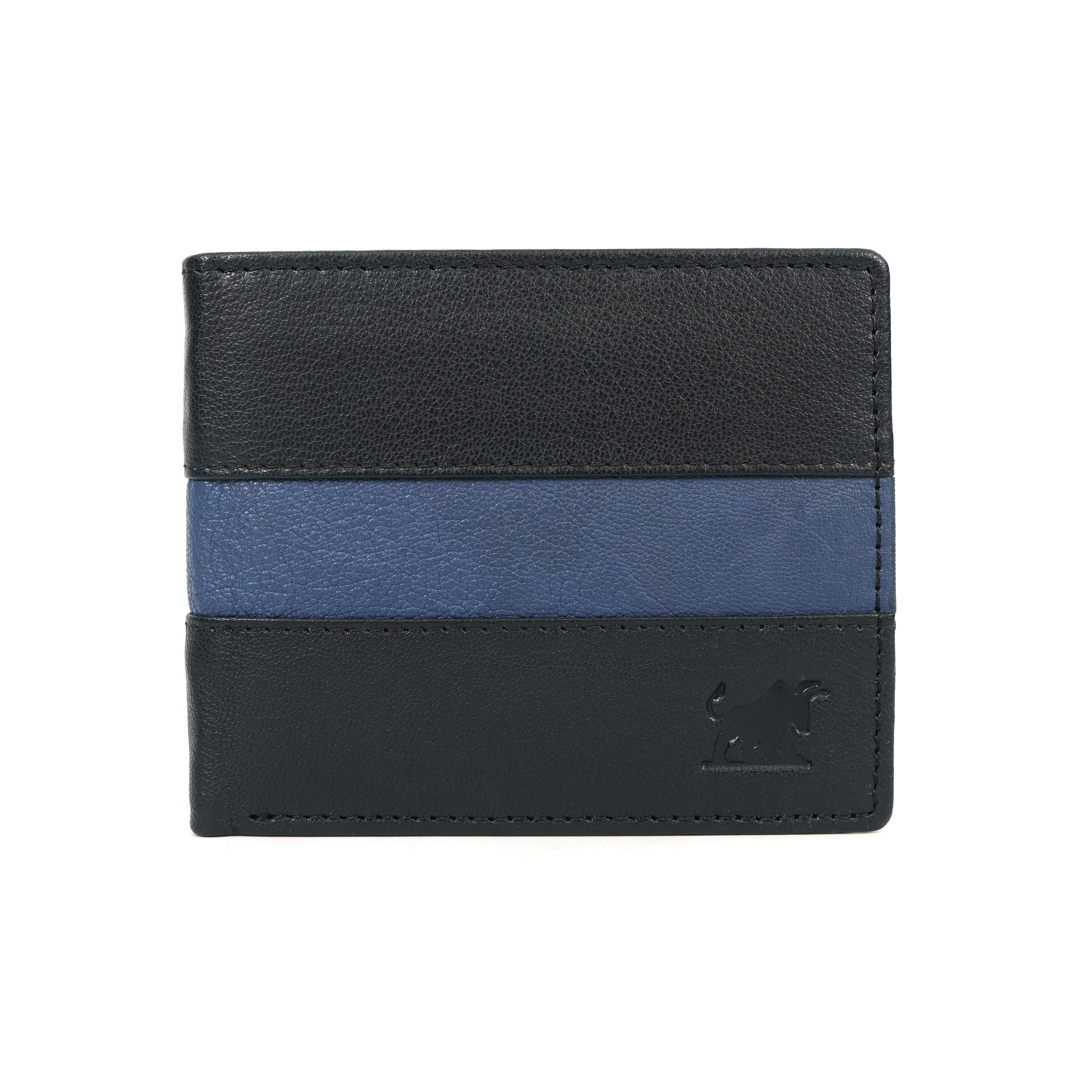 GM Leather Auckland Men's Bifold Wallet featuring black full-grain leather panels separated by a horizontal blue leather stripe.