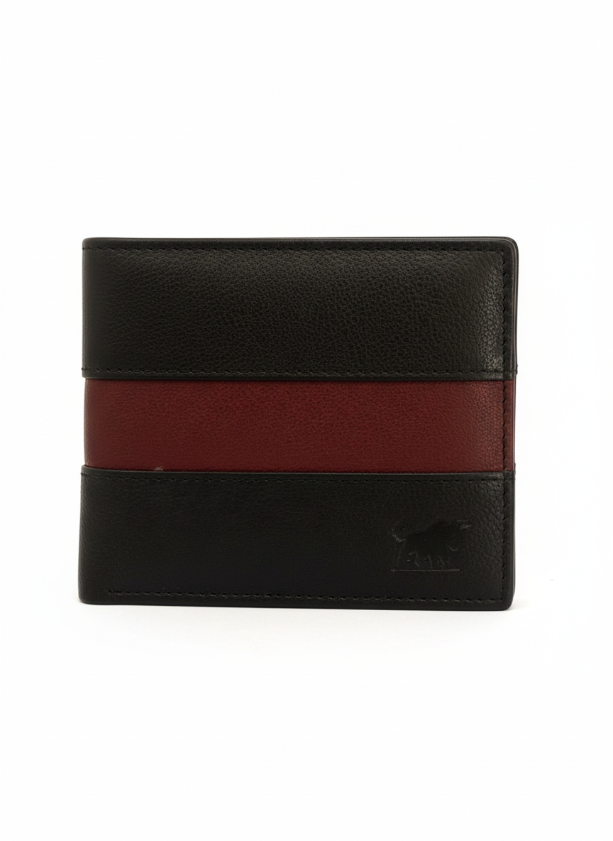GM Leather Auckland Men's Bifold Wallet featuring black full-grain leather panels separated by a horizontal red leather stripe.