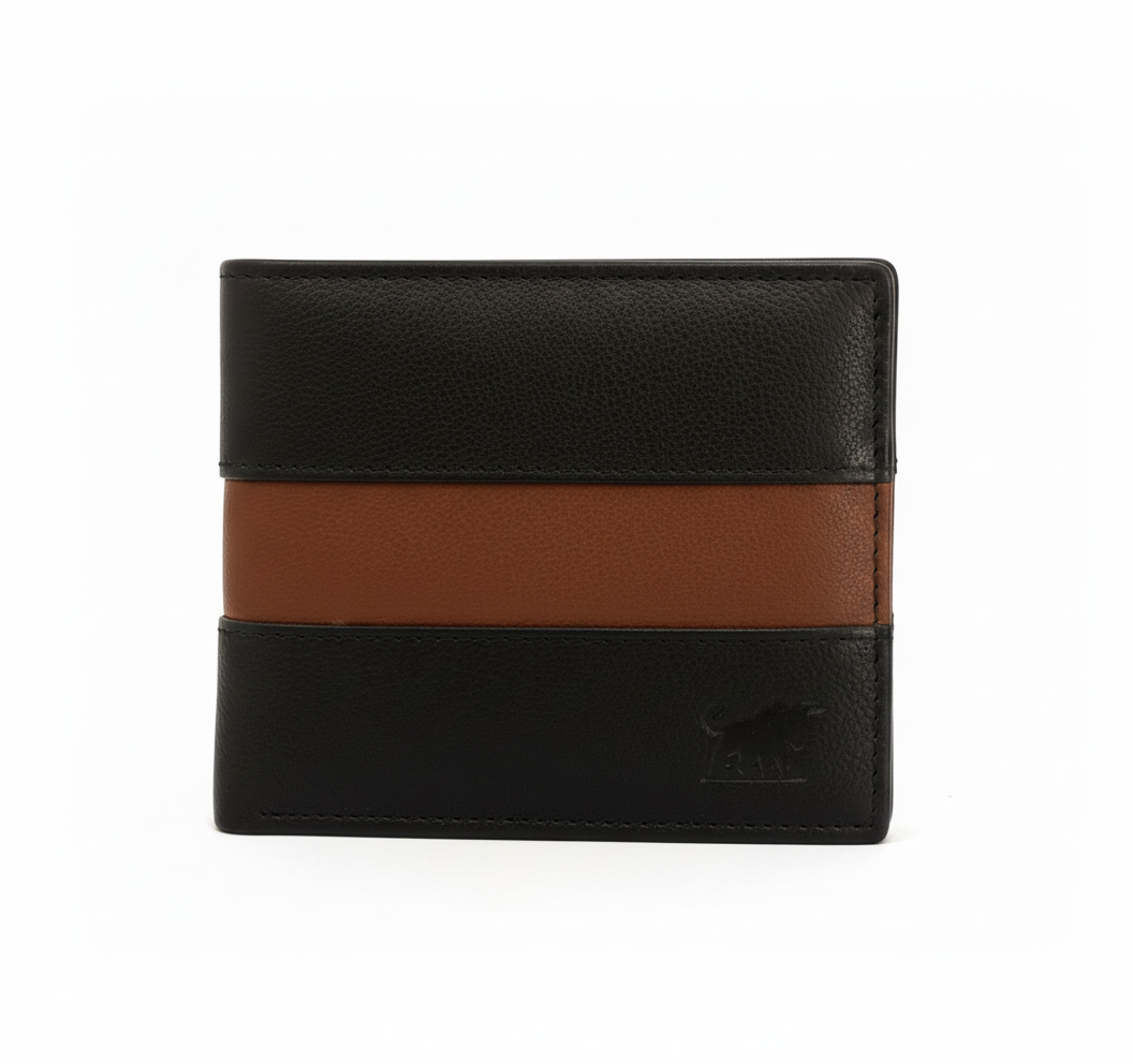 GM Leather Auckland Men's Bifold Wallet featuring black full-grain leather panels separated by a horizontal Tan leather stripe.
