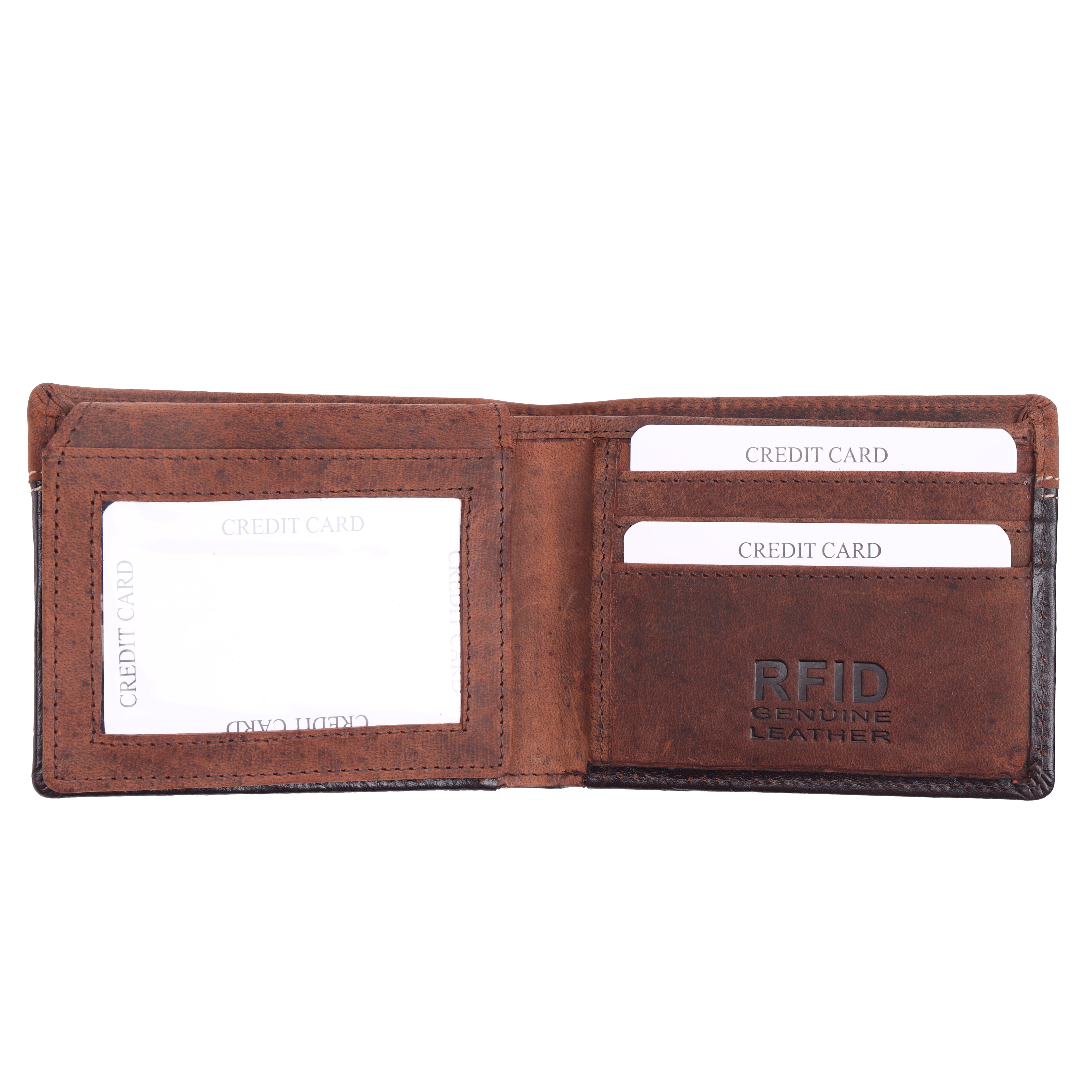 GM Leather brown genuine leather wallet displaying RFID blocking technology stamp and credit card slots.