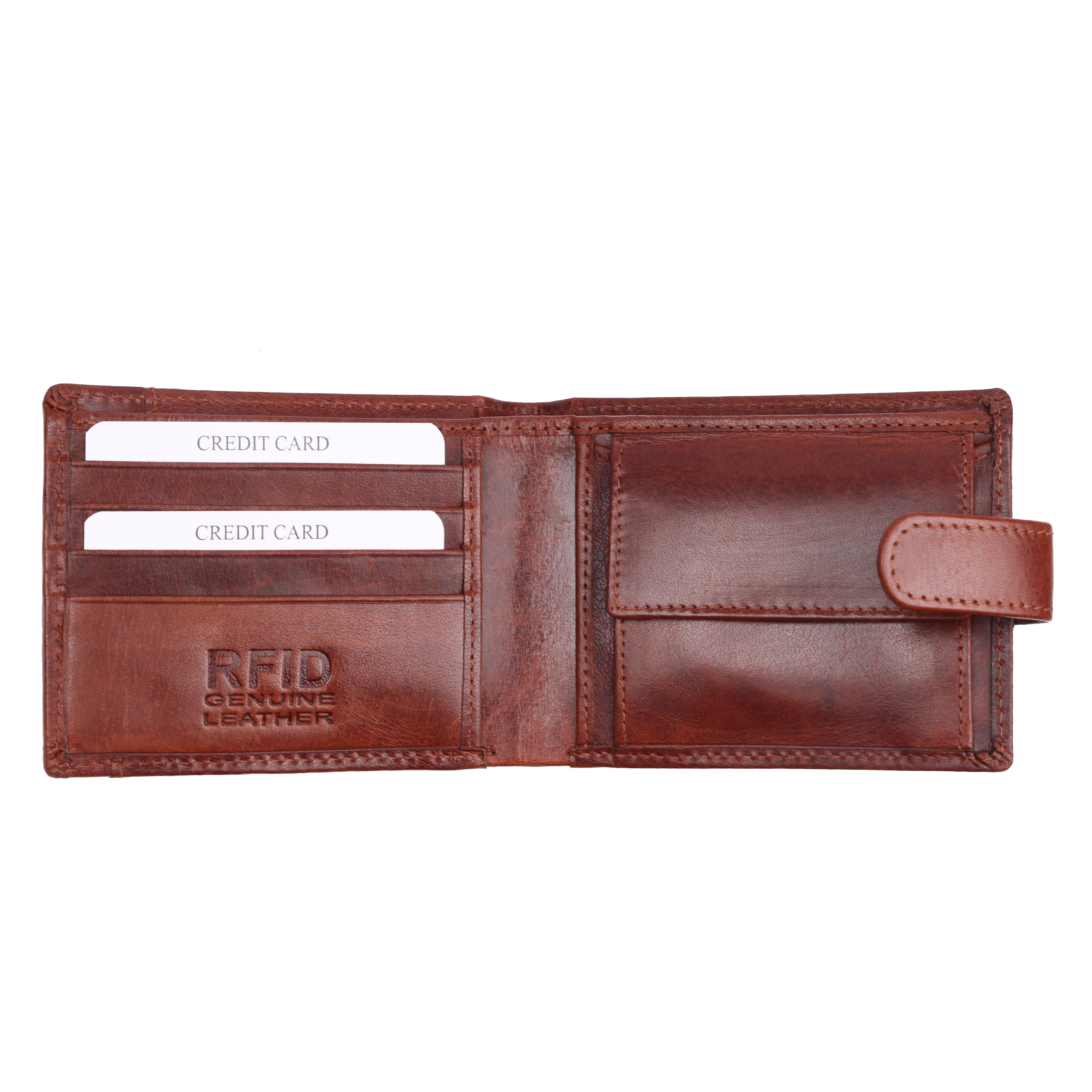 GM Leather premium brown genuine leather wallet showing RFID protection stamp, card slots, and coin pocket