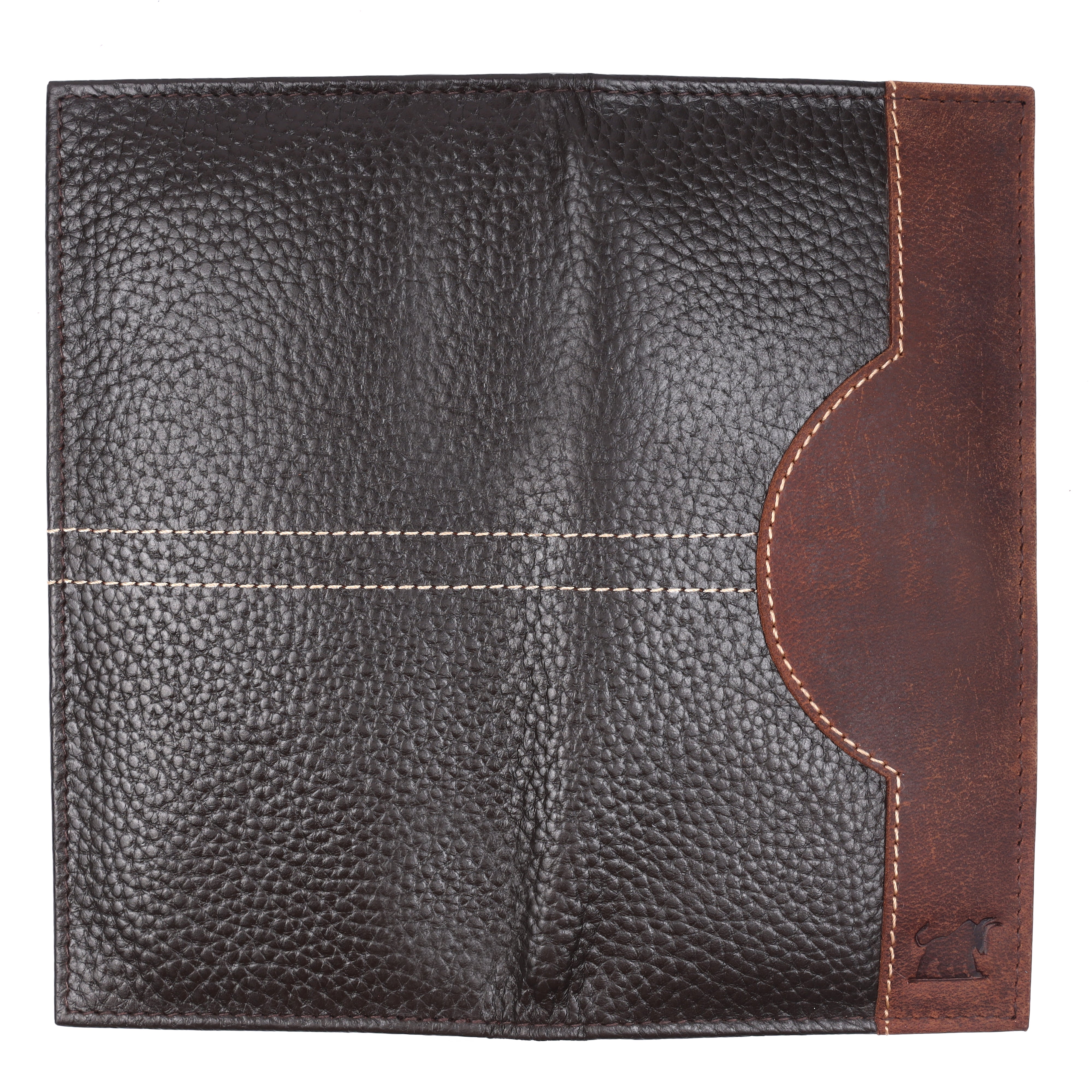 full flat exterior view of GM Leather premium dark brown and tan bifold leather wallet with contrast stitching.