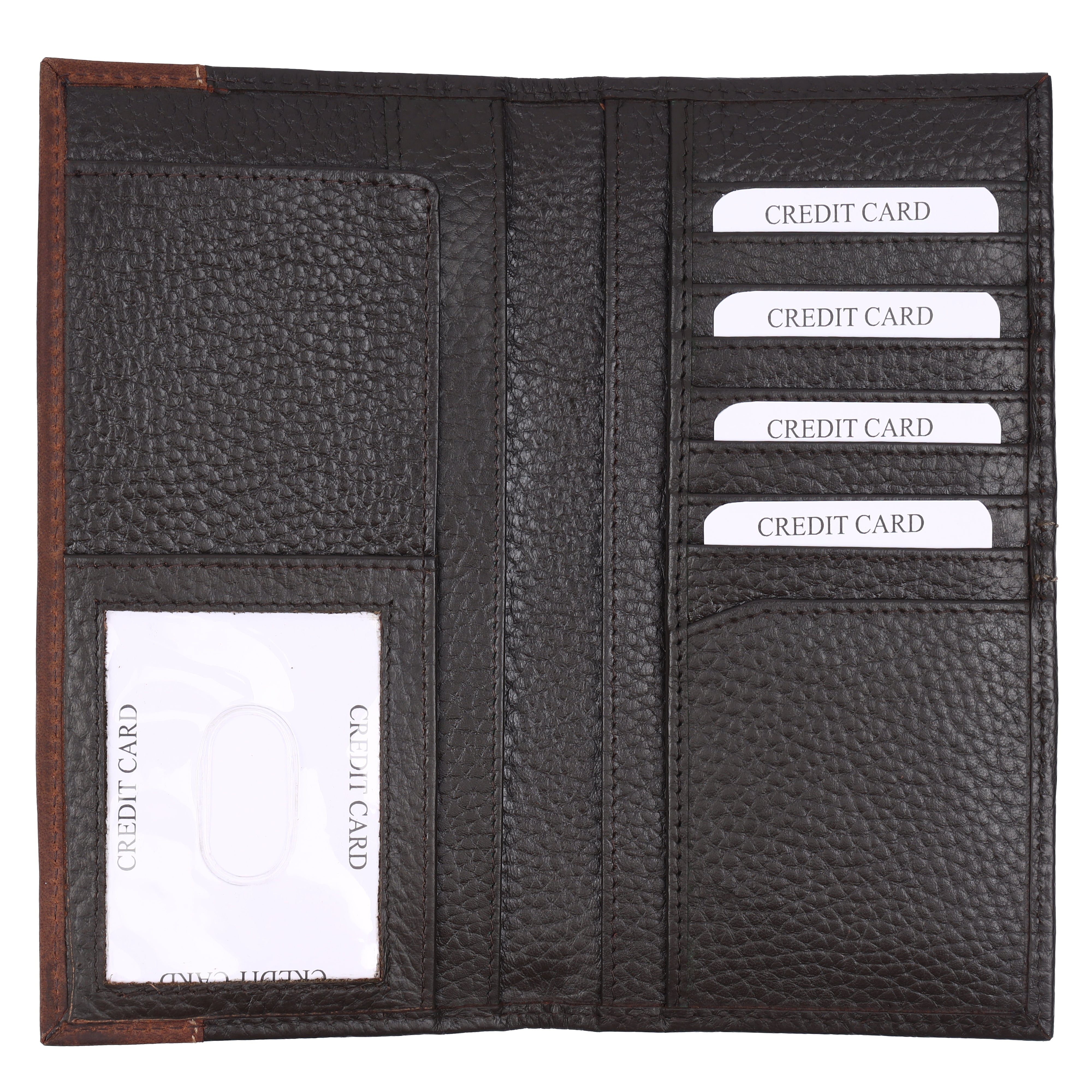 Handcrafted GM Leather men's long wallet interior layout showing multiple credit card slots and clear ID window.