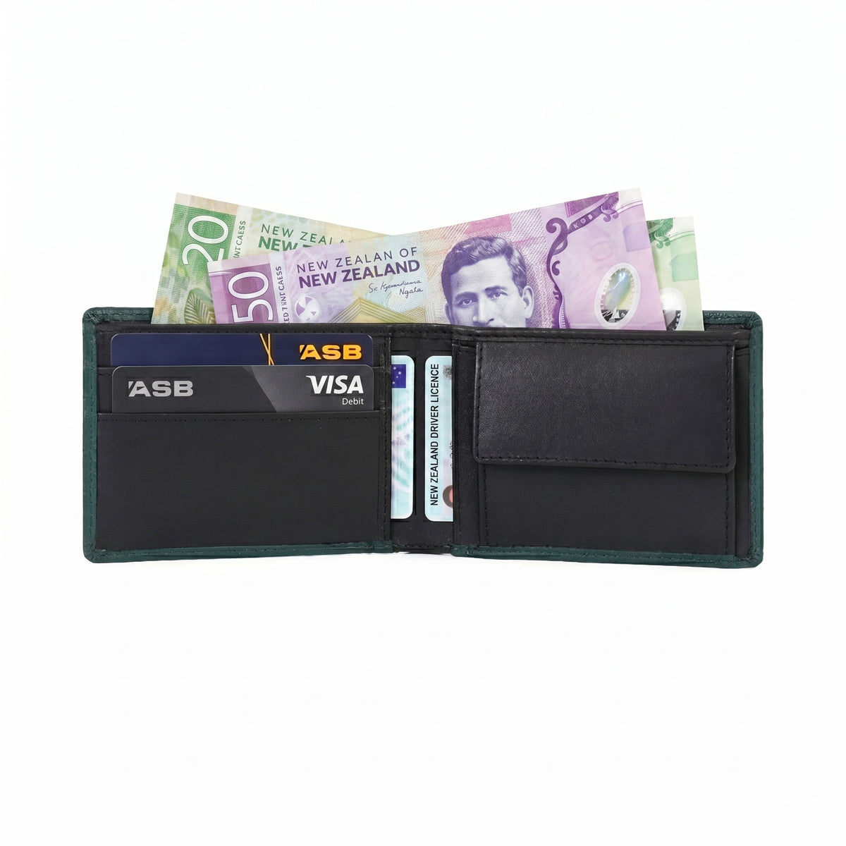 Interior view of GM Leather teal wallet showing card holders with NZ bank notes, driver's license, internal storage, and secure coin pocket.