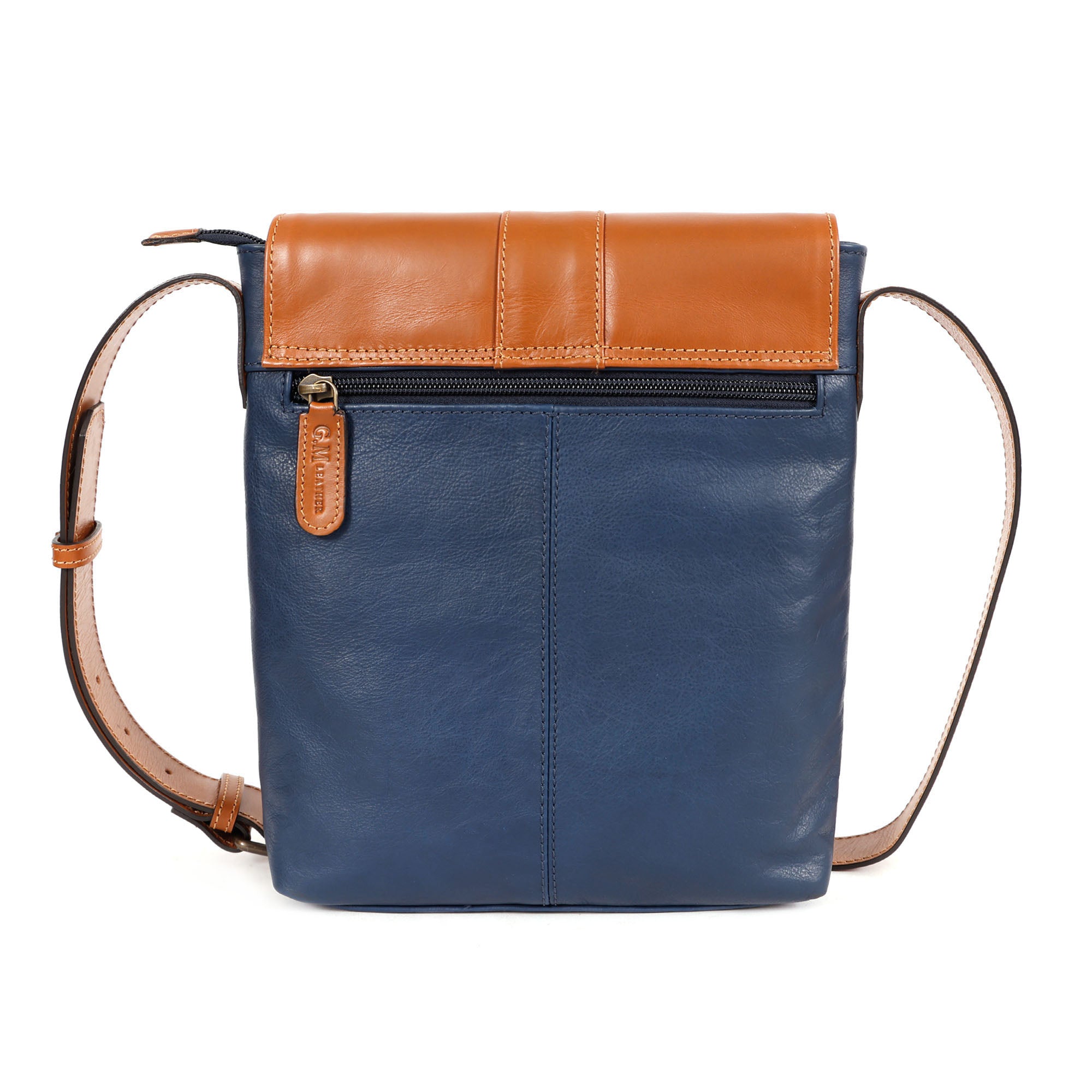 Interior view of the GM Leather two-tone messenger bag showing zip pockets and lining