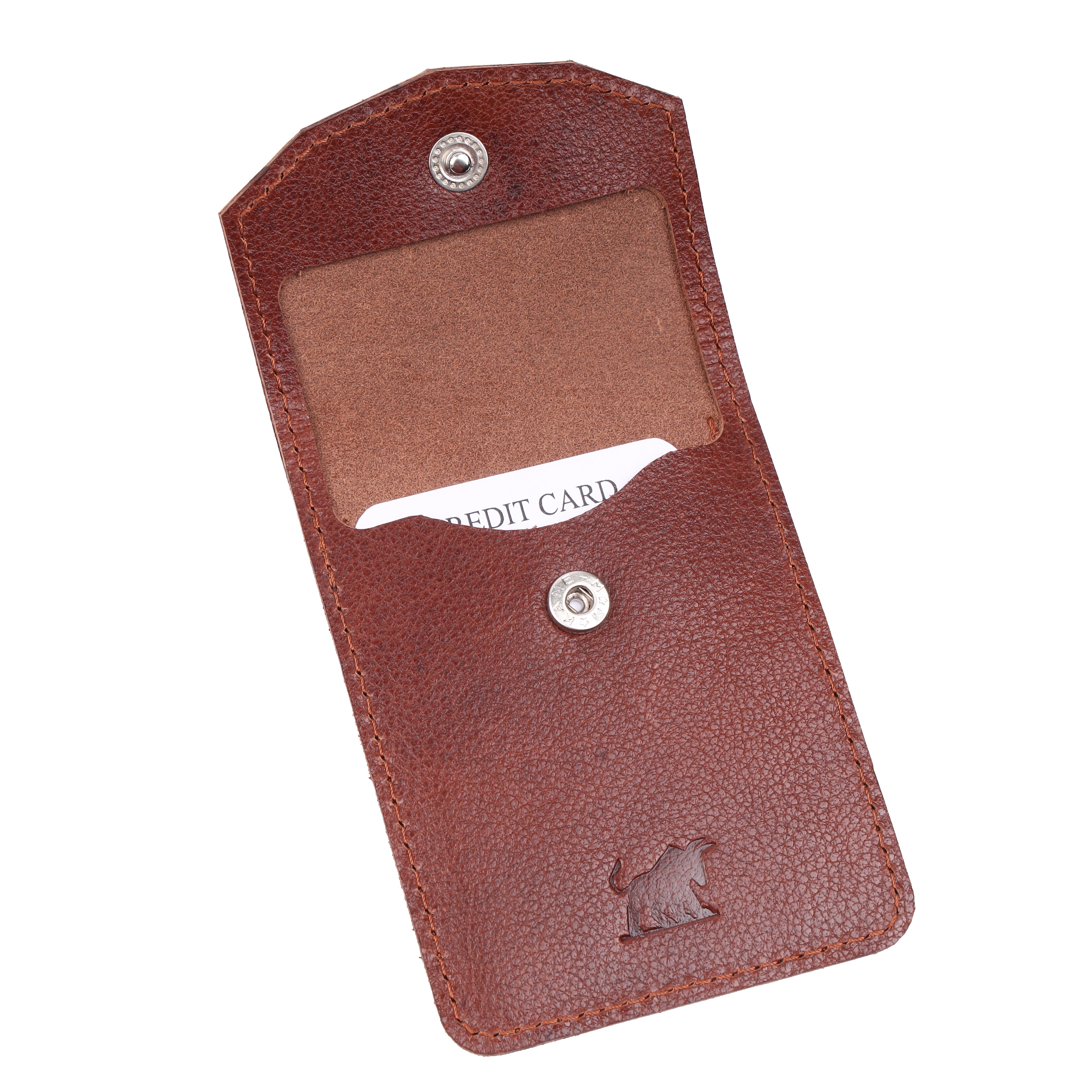 GM Leather brown card pouch displaying the internal metal snap button fastener, a card insert, and raw interior leather texture.