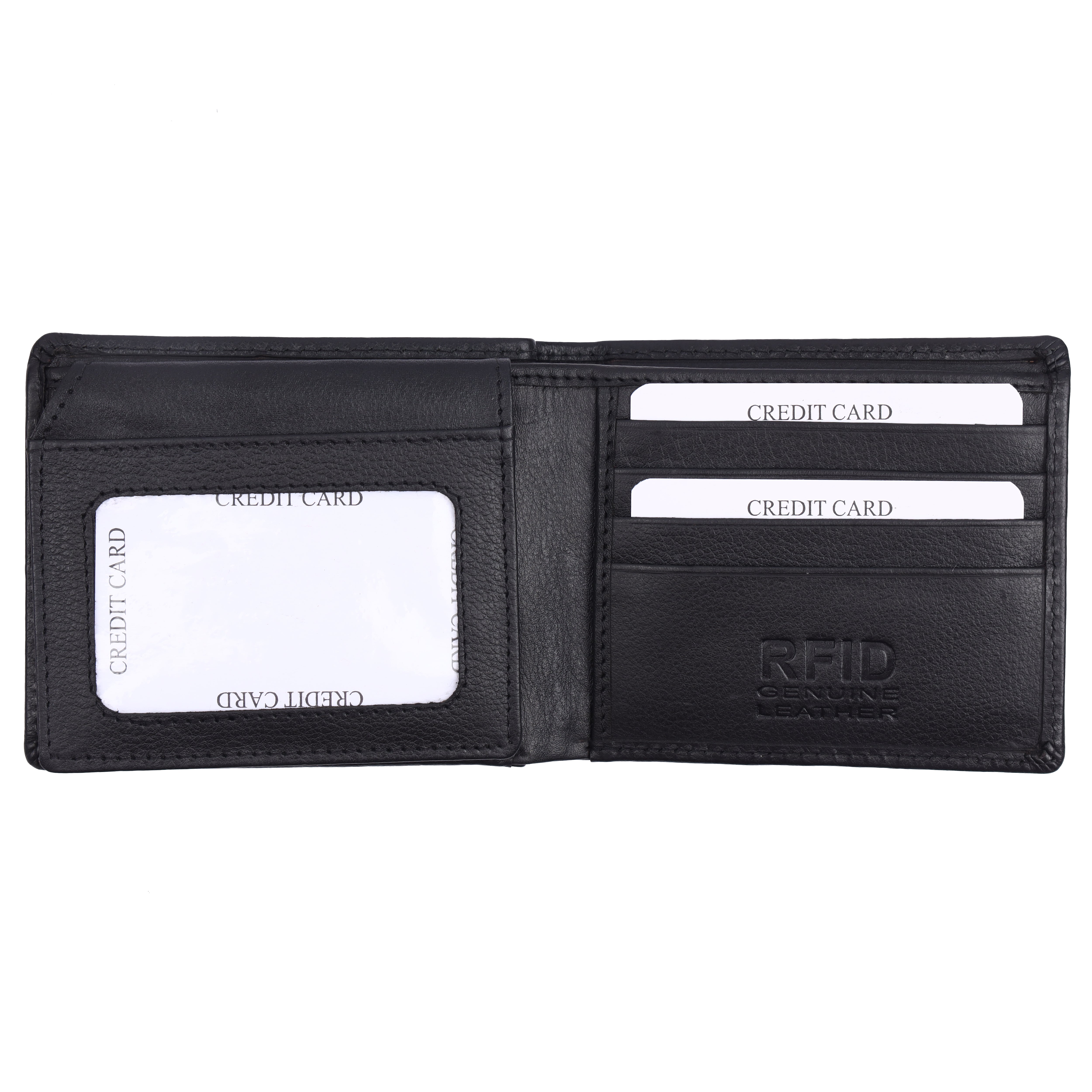 Flat-lay view of the fully opened exterior of the GM Leather black leather bifold wallet, highlighting its symmetrical grain texture and rugged perimeter stitching.