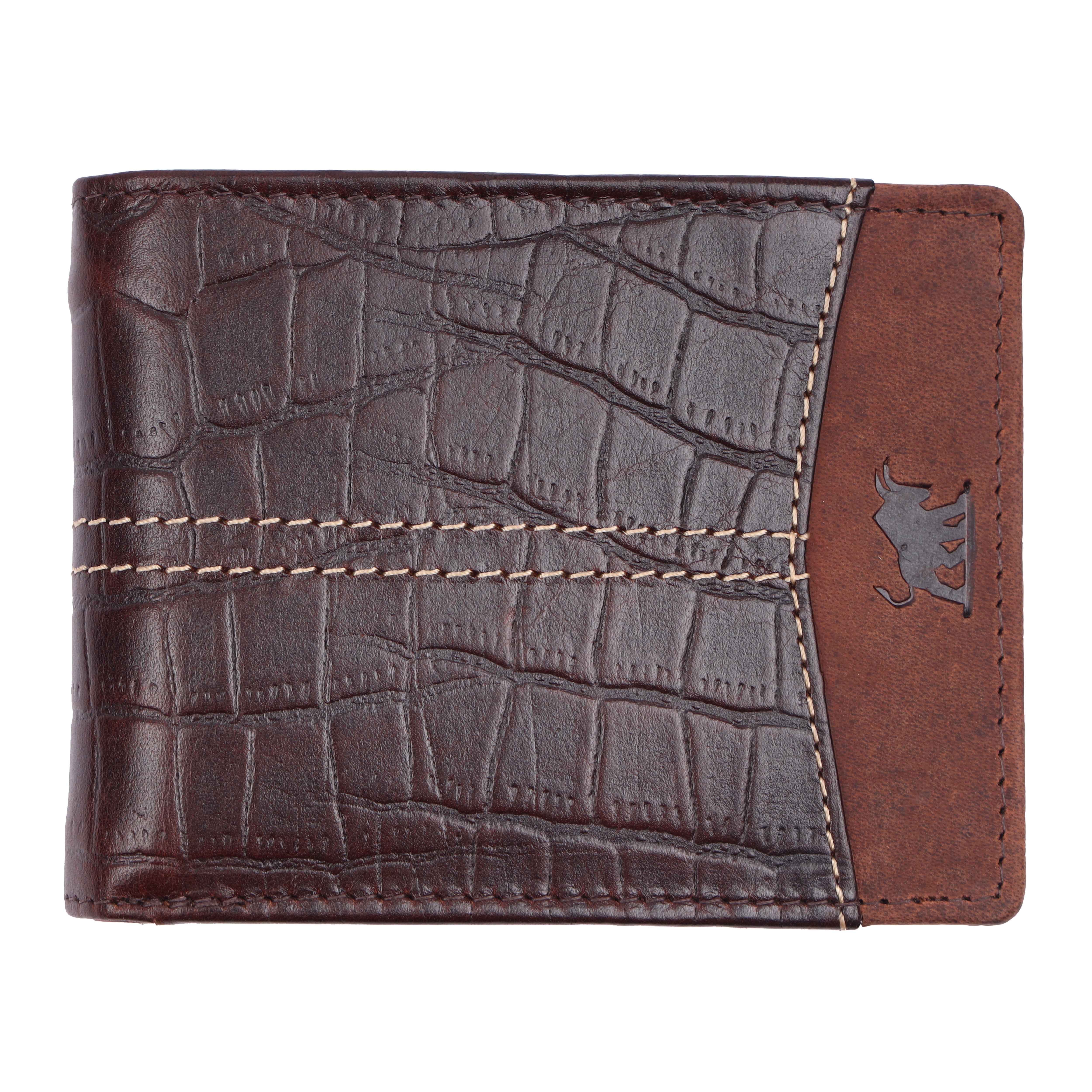GM Leather premium dark brown crocodile textured bi-fold wallet.