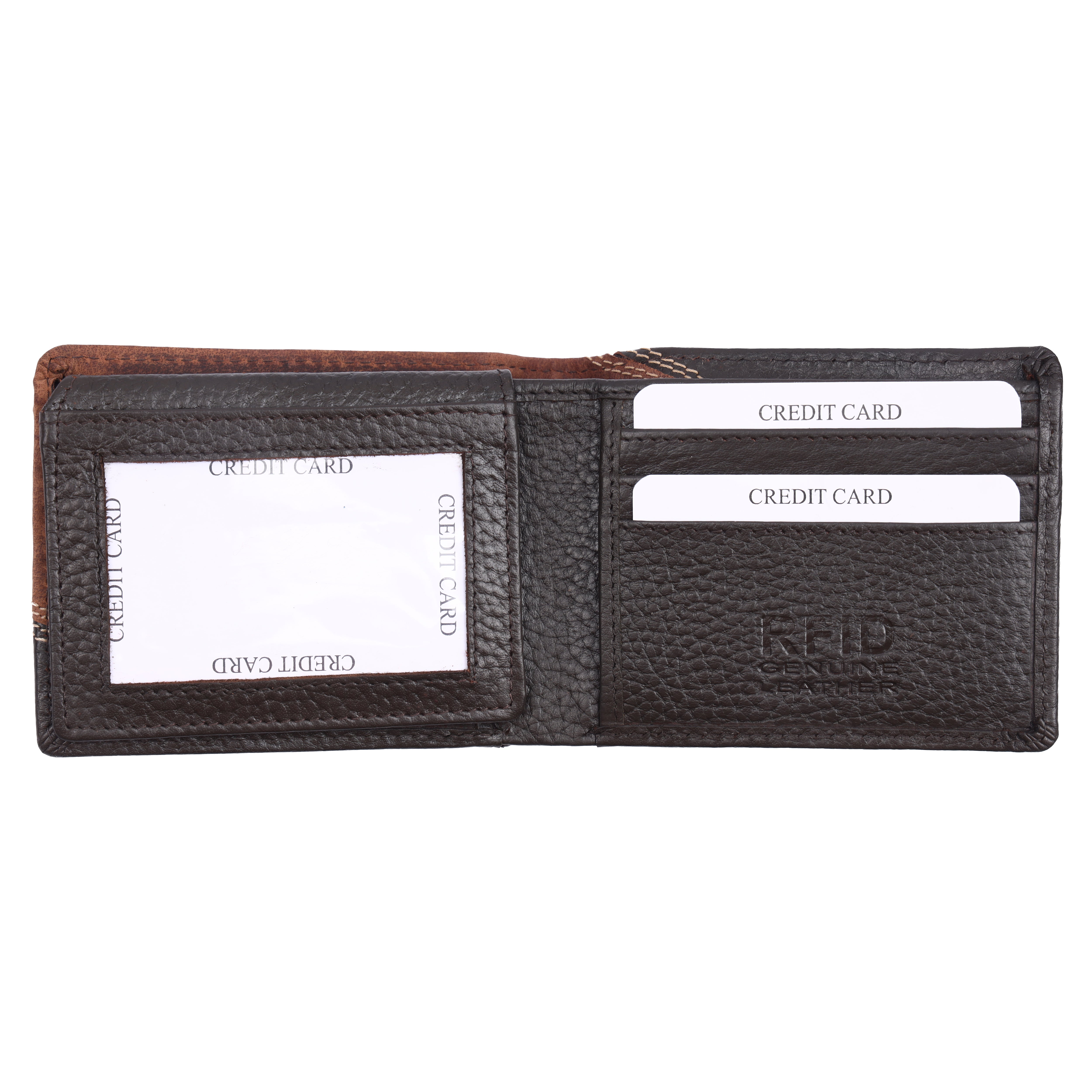 GM Leather premium dark brown pebble grained bi-fold wallet featuring a rugged contrast nubuck panel.