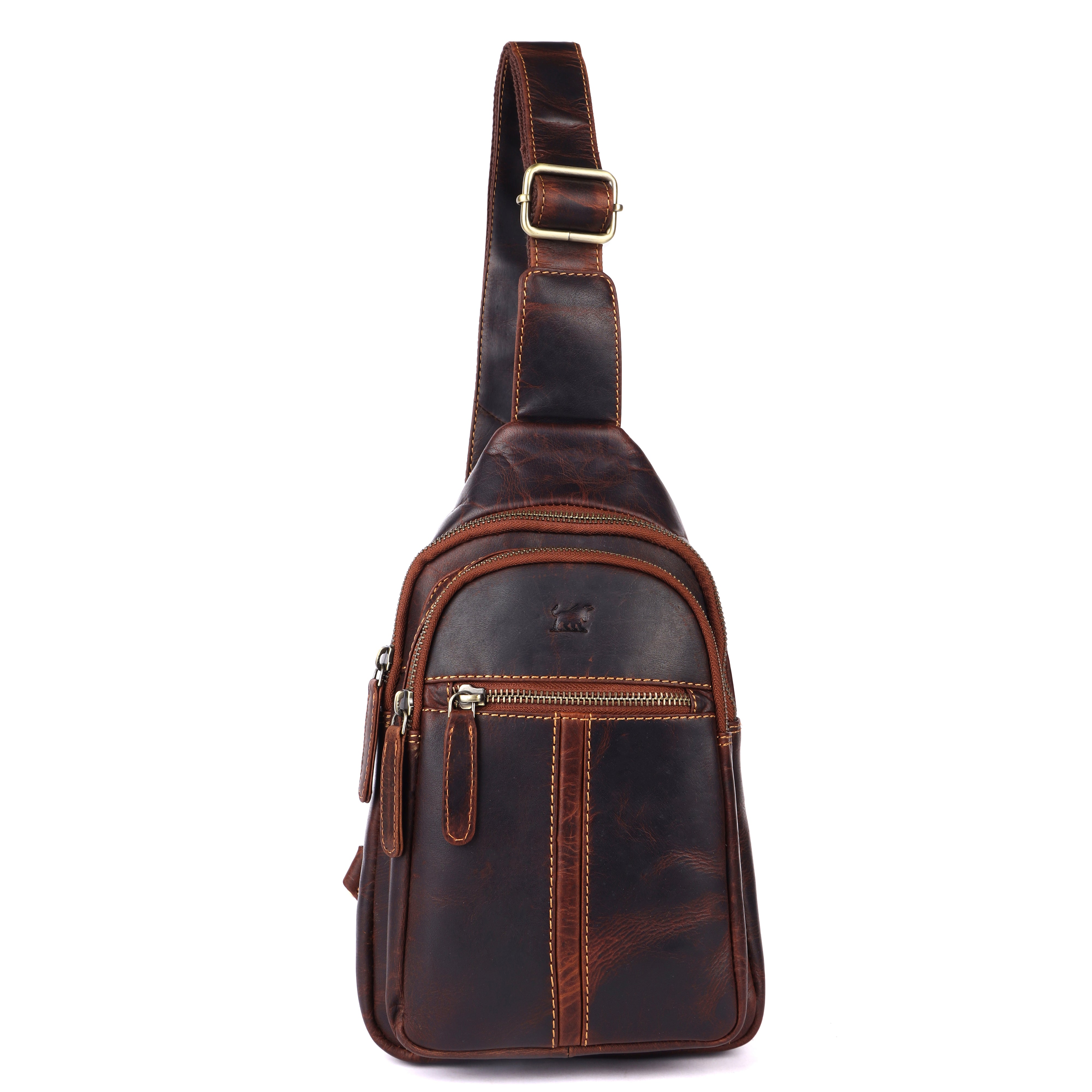 GM Leather Premium Sling Bag in brown, front angled view showing adjustable strap and front zipper pockets in Auckland
