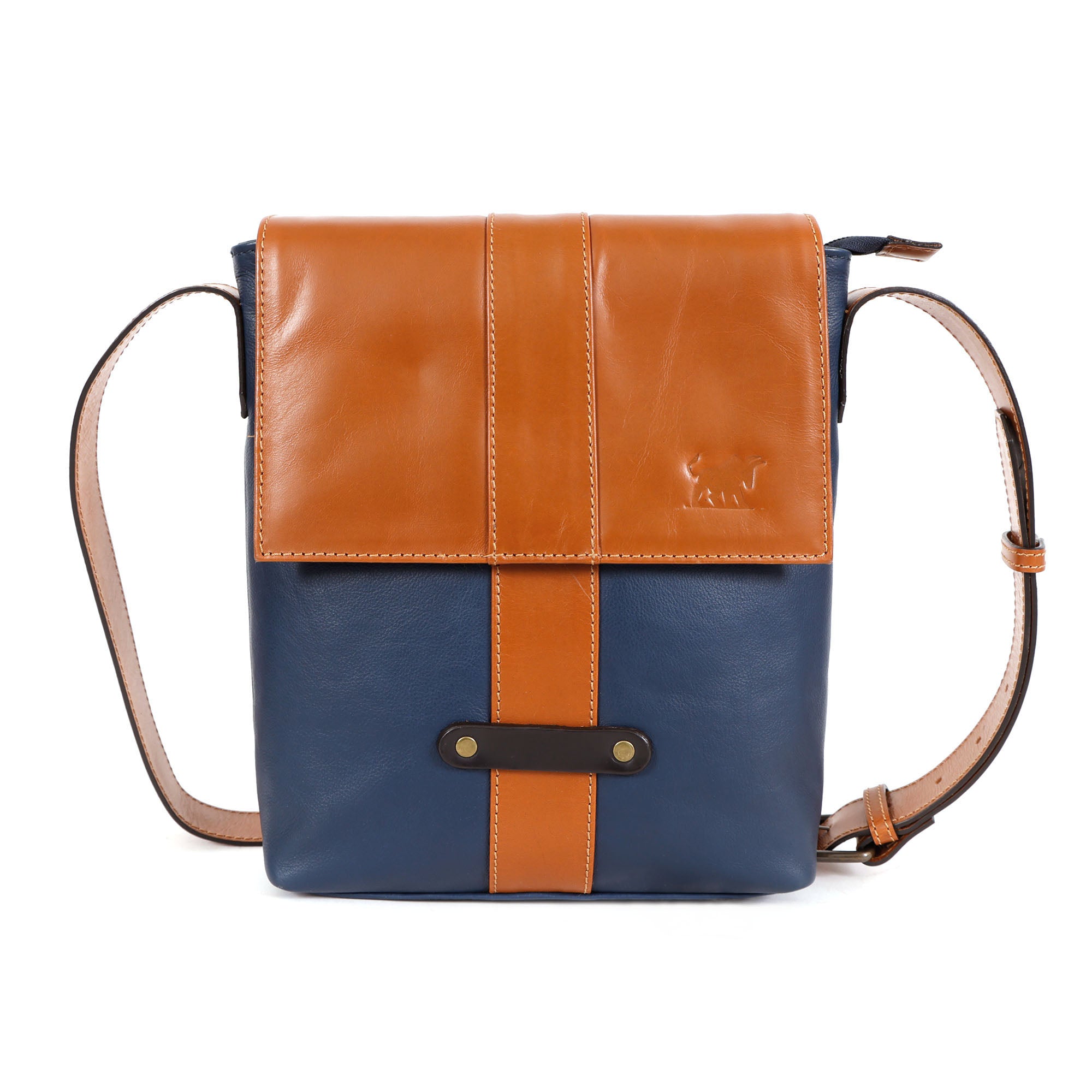 GM Leather crossbody satchel highlighting the tan leather flap and external zip pocket