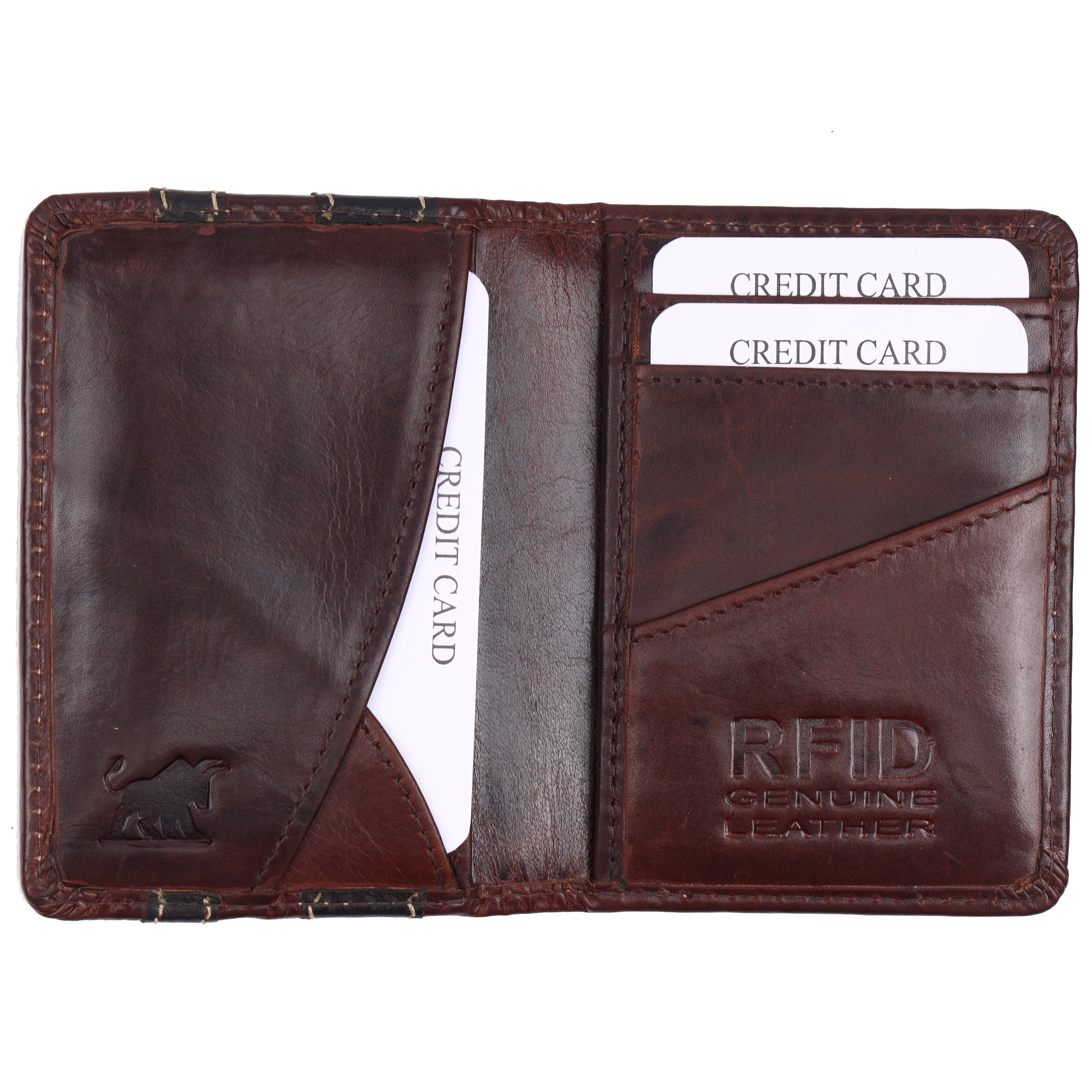Open interior layout of GM Leather wallet displaying secure credit card slots, inner lining, and embossed RFID genuine leather stamp.