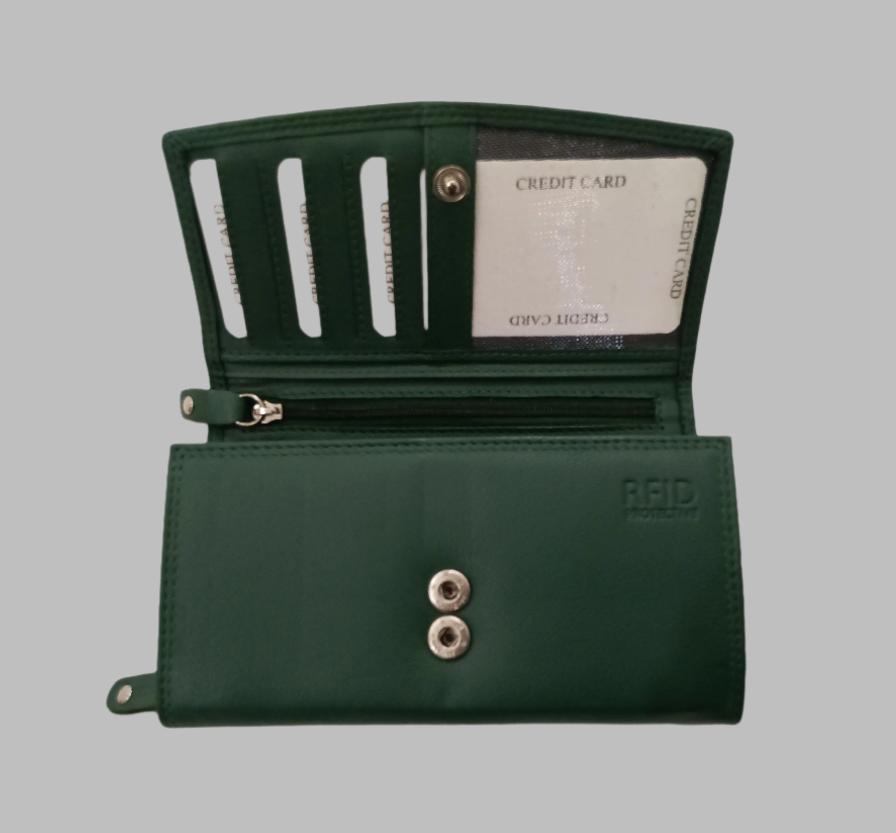 GM Leather Auckland RFID protective green wallet showing card slots and "RFID Protective" embossed stamp.