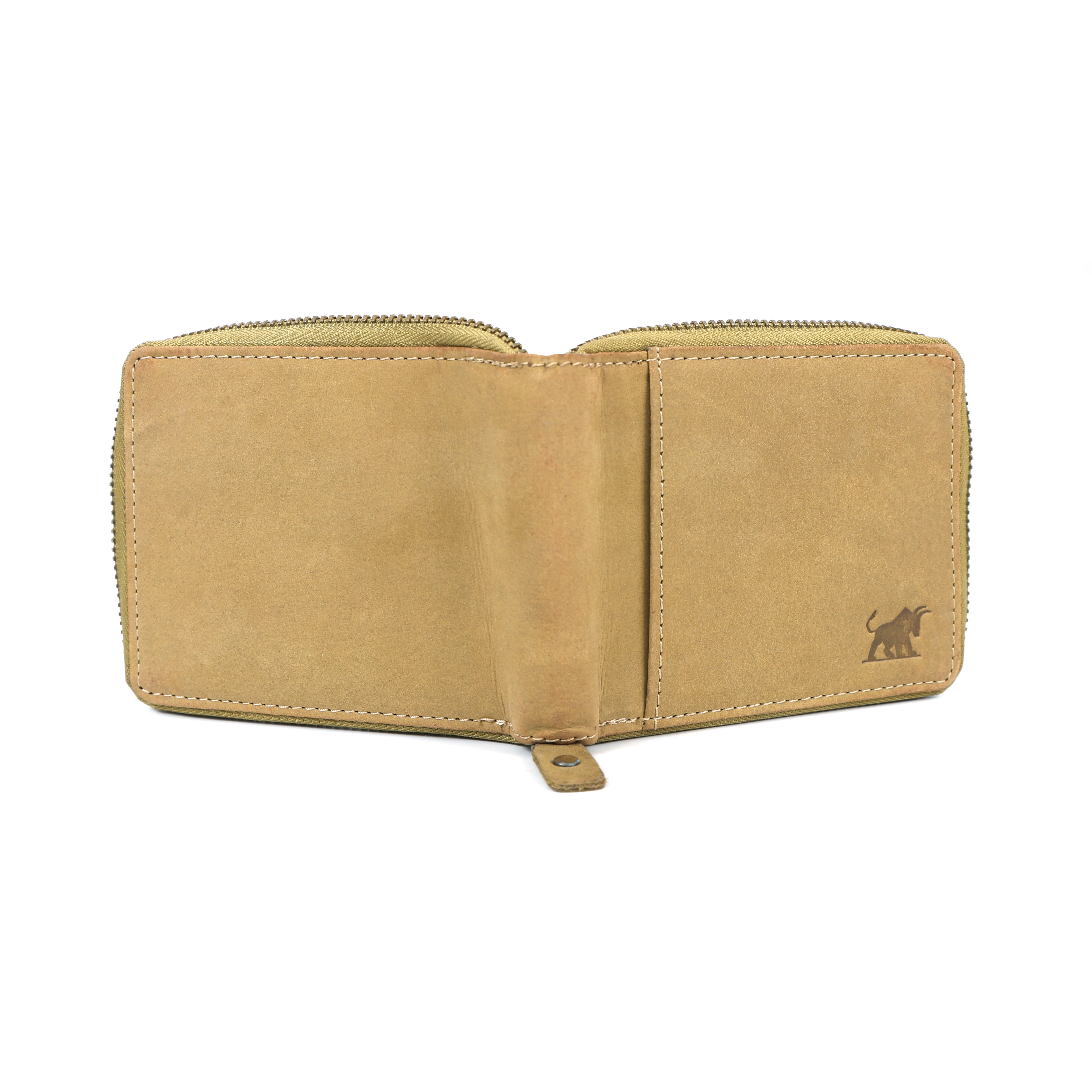 A premium GM Leather tan nubuck zip-around wallet featuring multiple card slots, an RFID protected interior, and a secure coin pouch, handcrafted and available at LynnMall, Auckland.