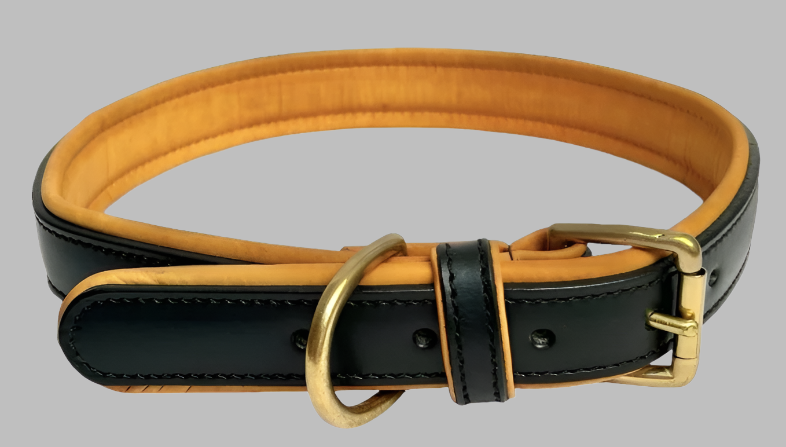 A luxury GM Leather Royal Collection pet collar featuring black top-grain leather with a gold padded interior and a heavy-duty brass buckle, handcrafted in Auckland.