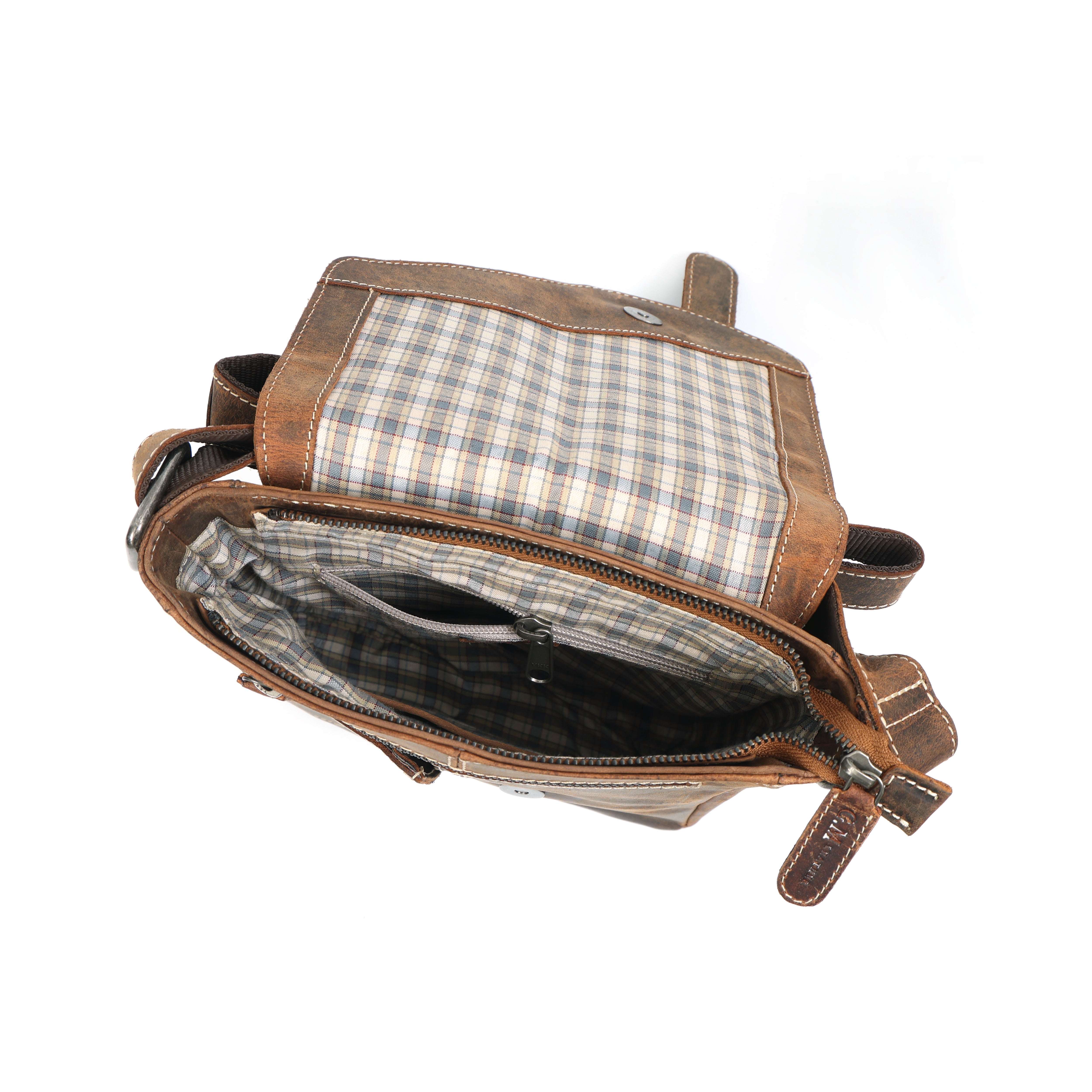 GM Leather Auckland messenger bag showing checked fabric lining, internal zip pocket, and mobile phone slot.