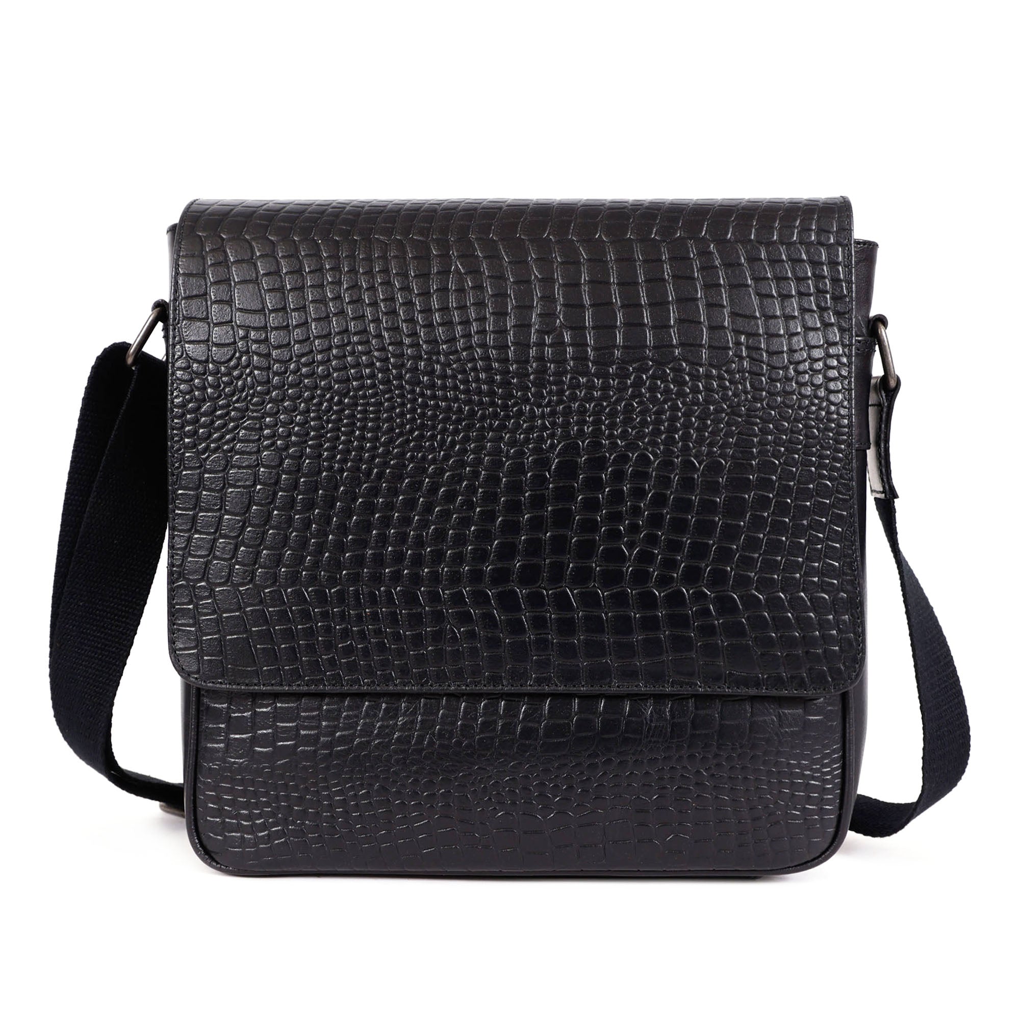 Internal view of the GM Leather croc leather messenger bag showing the fabric lining, internal divider sleeve, and zippered pocket.