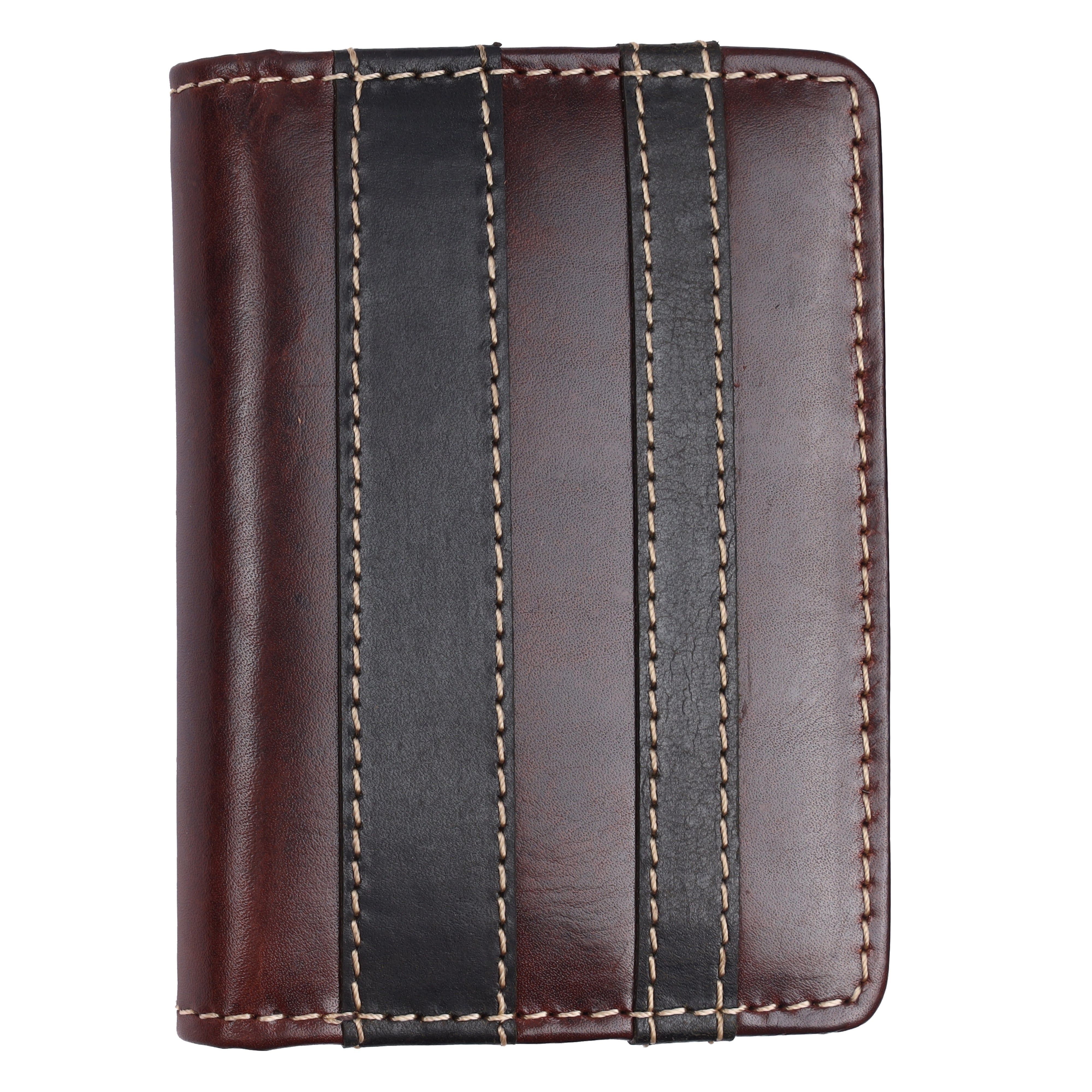 Front view of GM Leather handcrafted slim bifold leather wallet in dark brown and black.