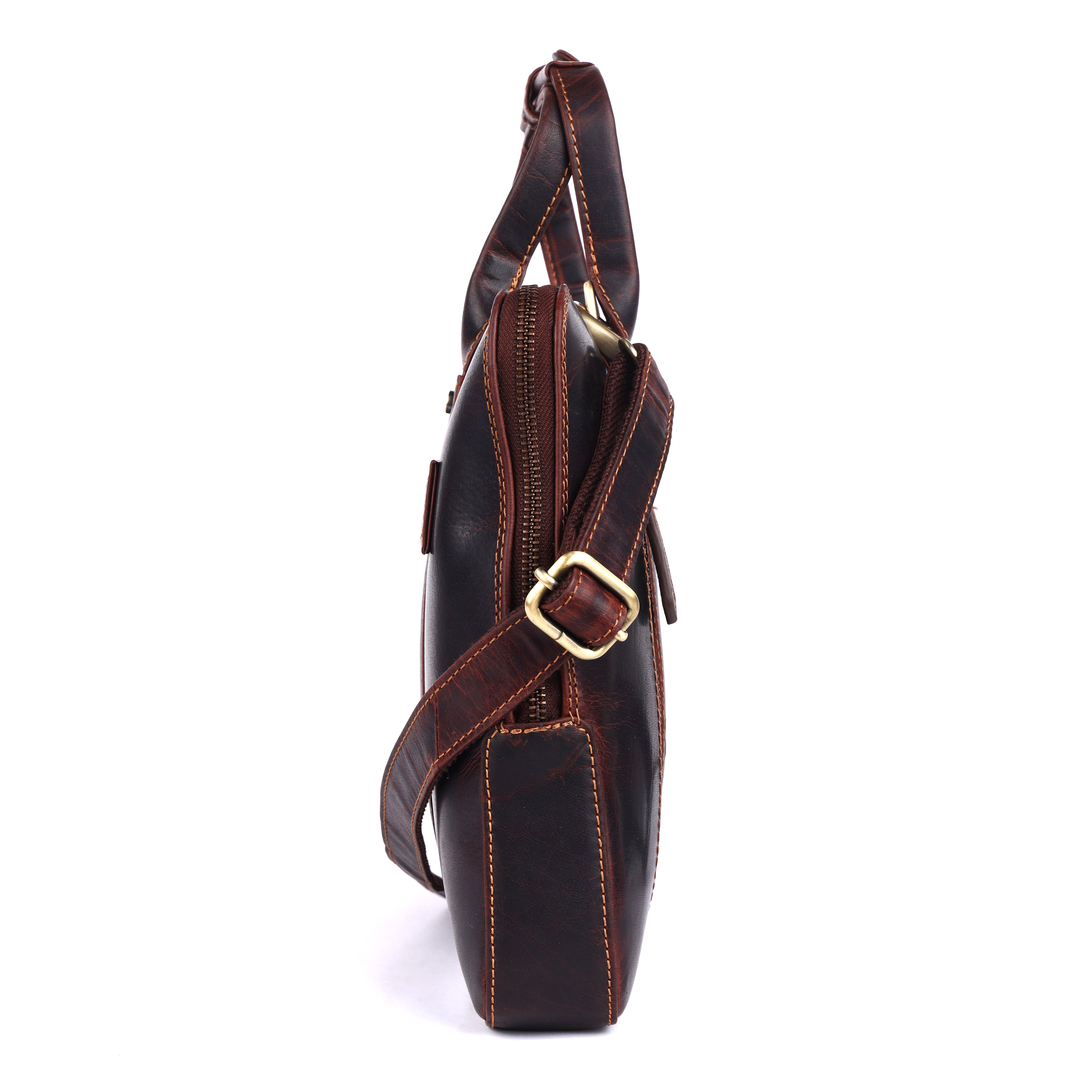 GM Leather dark brown leather attache bag, highlighting its compact silhouette and durable gold-toned zipper track.