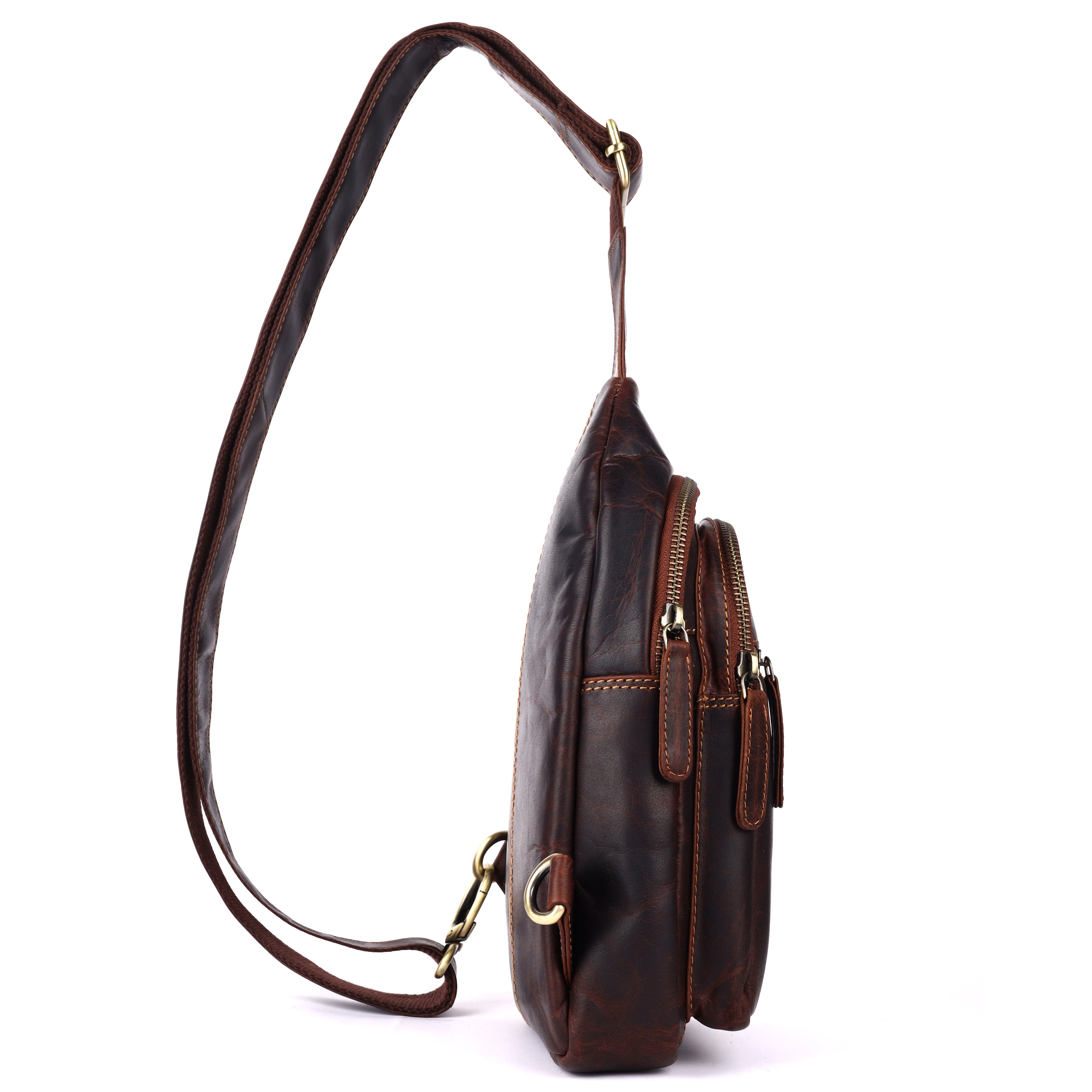 Side profile view of GM Leather Premium Sling Bag showcasing its slim design and multiple compartments