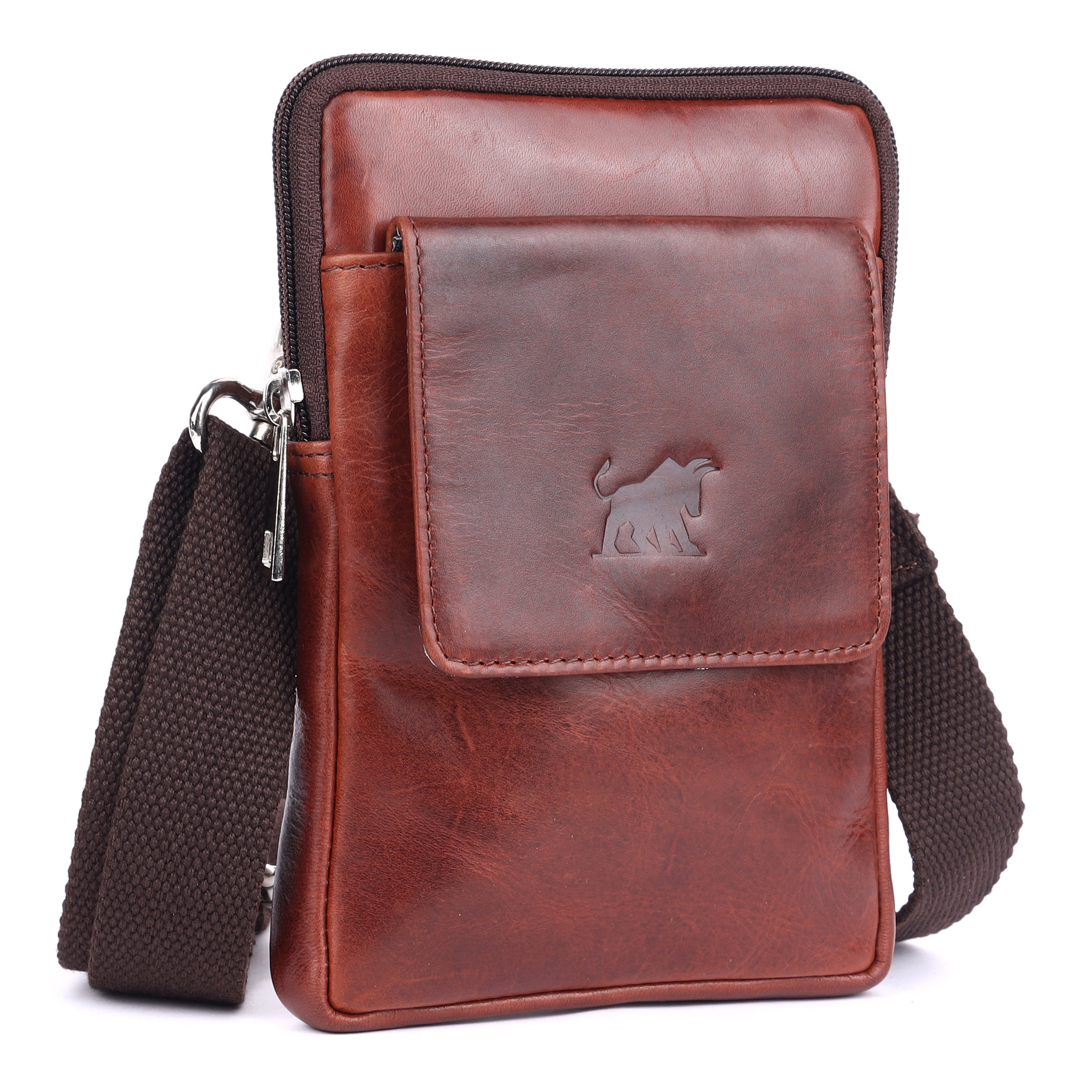 Three-quarter angle of the compact GM Leather crossbody bag showcasing its rich grain texture, premium stitching, and sturdy silver-toned zippers.