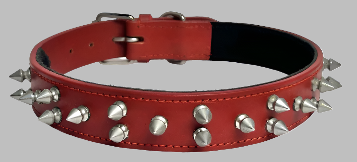 A premium GM Leather handcrafted black leather dog collar featuring three rows of polished silver metal spikes and a heavy-duty chrome buckle, available at LynnMall Auckland.