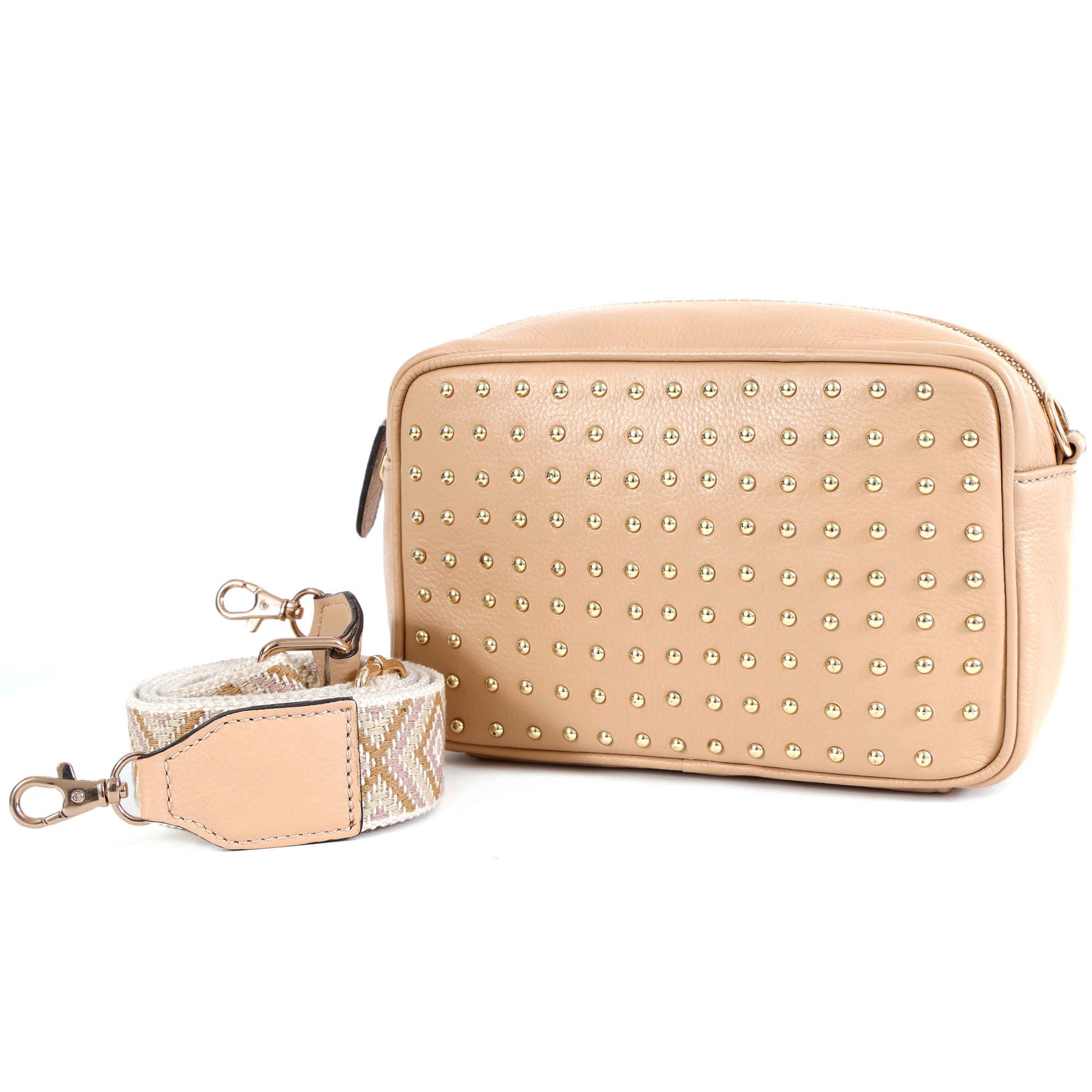 premium beige studded genuine leather crossbody bag with detachable woven geometric strap by GM Leather Auckland.