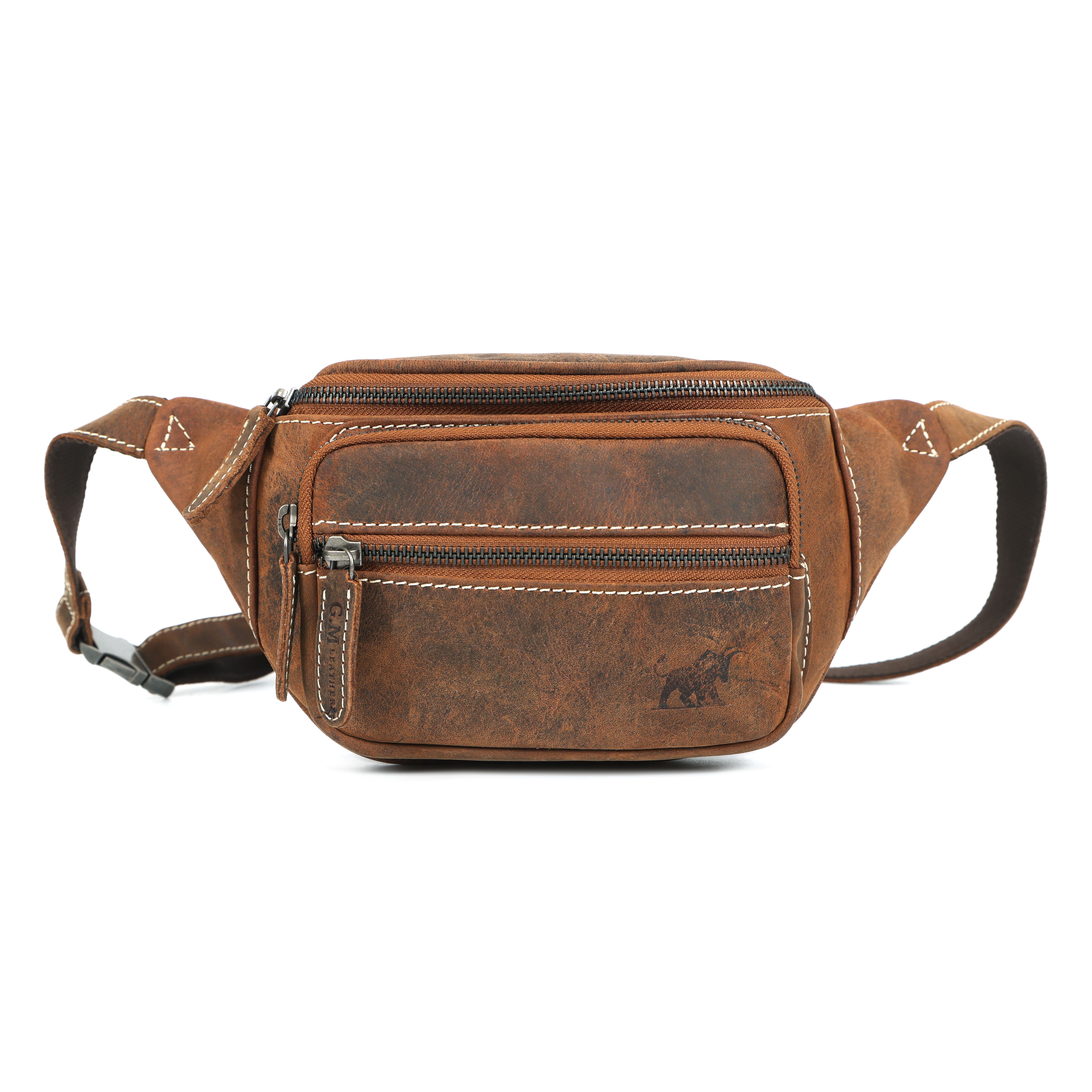 GM Leather Auckland Tan Hunter Full-Grain Leather Fanny Pack / Belt Bag with contrast stitching and multiple zippers.