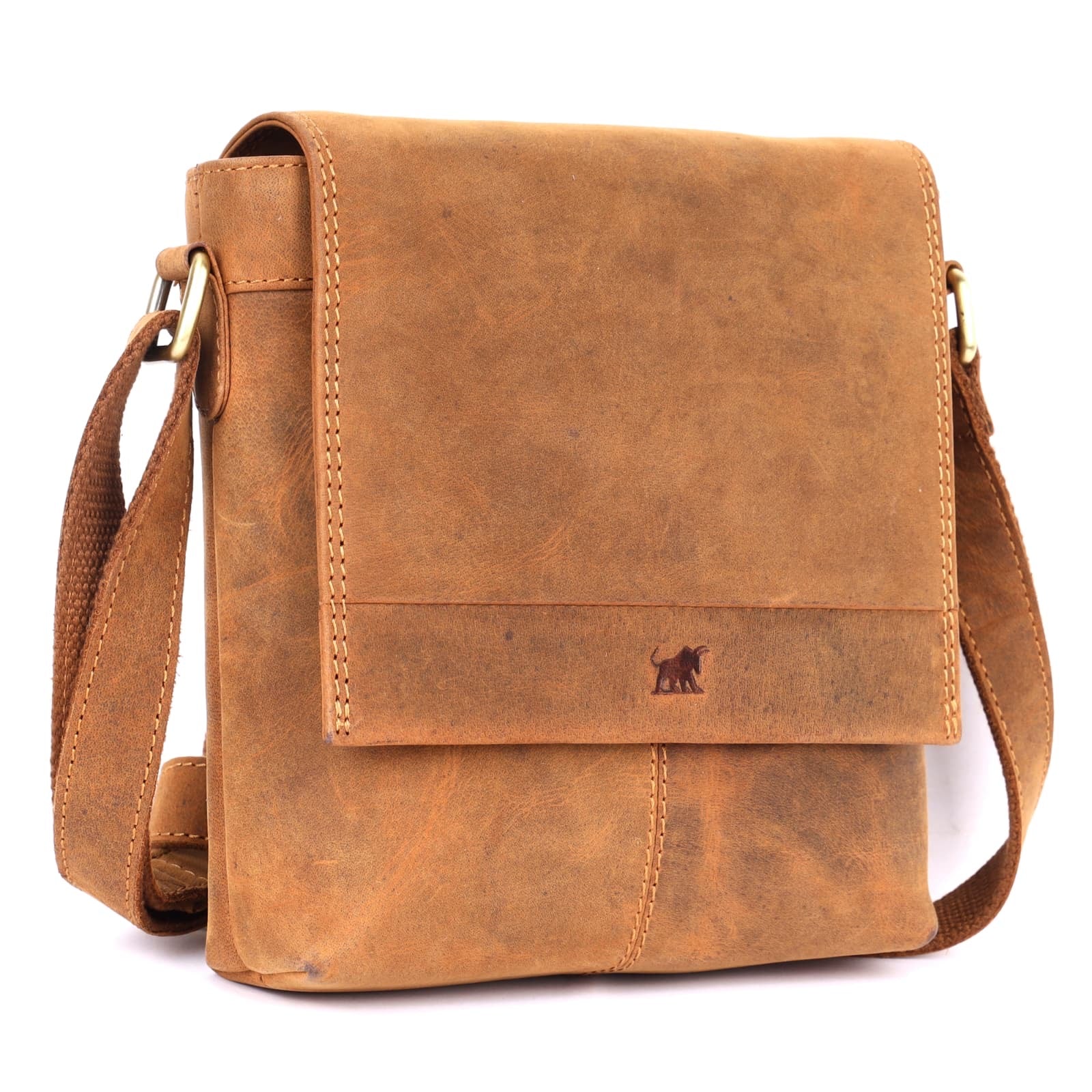 Front view of tan full-grain leather crossbody messenger bag by GM Leather Auckland with flap cover and adjustable strap.