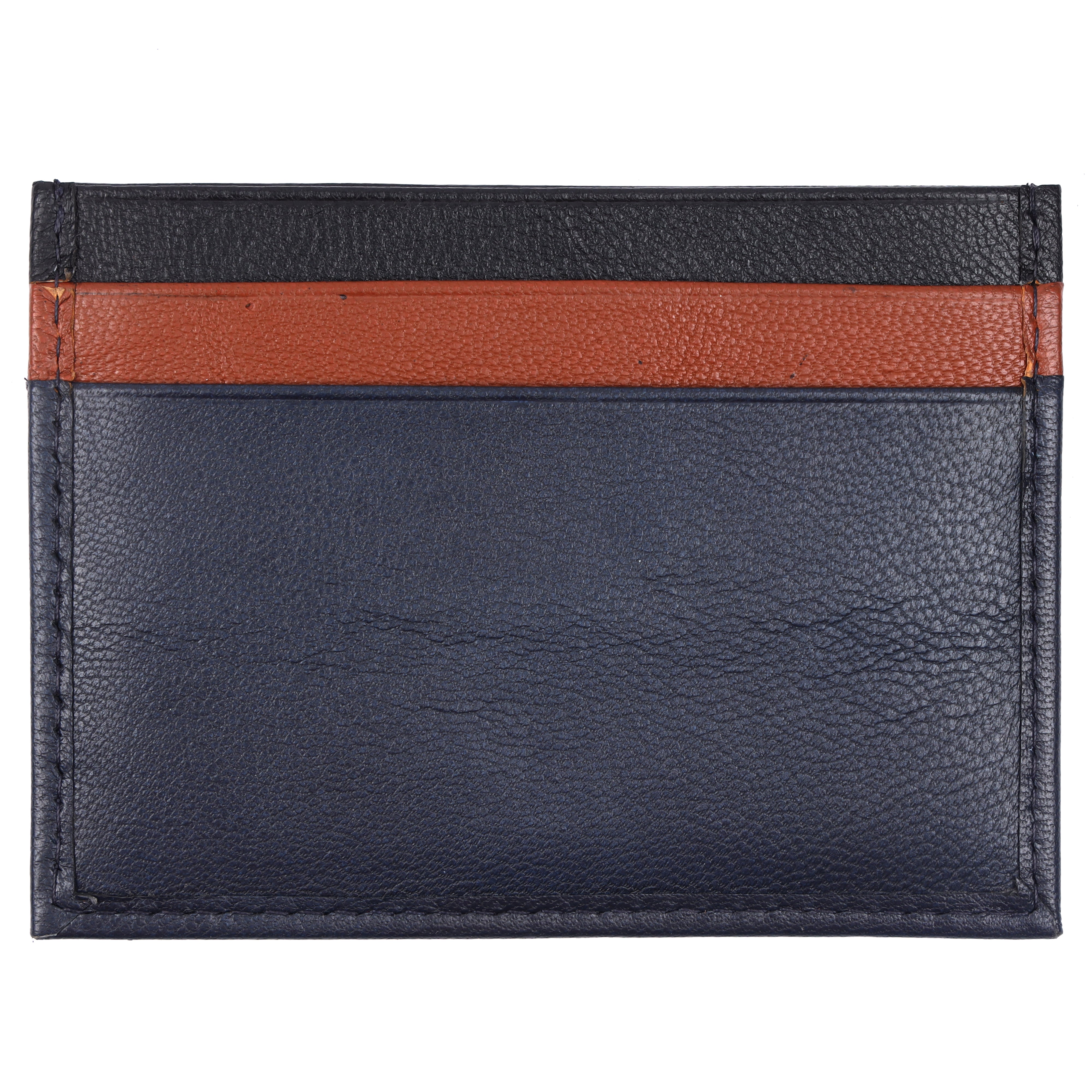 Angled studio perspective of GM Leather signature tri-tone slim leather card holder featuring the embossed bull logo.