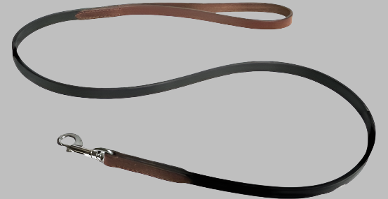 A premium GM Leather handcrafted two-tone pet leash featuring a black leather top, brown leather underside, and a polished silver swivel snap hook, available at LynnMall Auckland.
