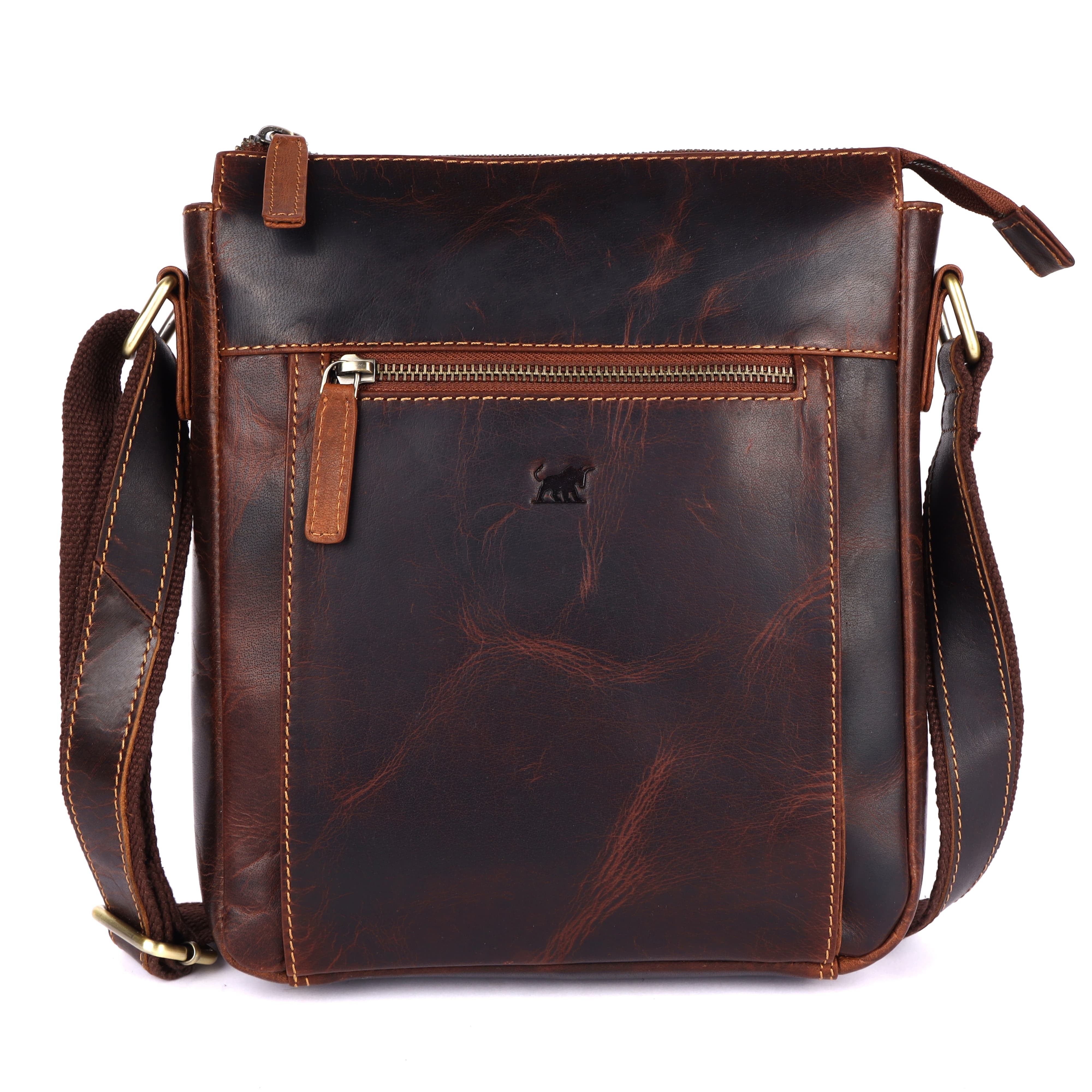 Vintage brown full-grain crossbody messenger bag by GM Leather Auckland, showing front pocket, stitching details, and adjustable strap.
