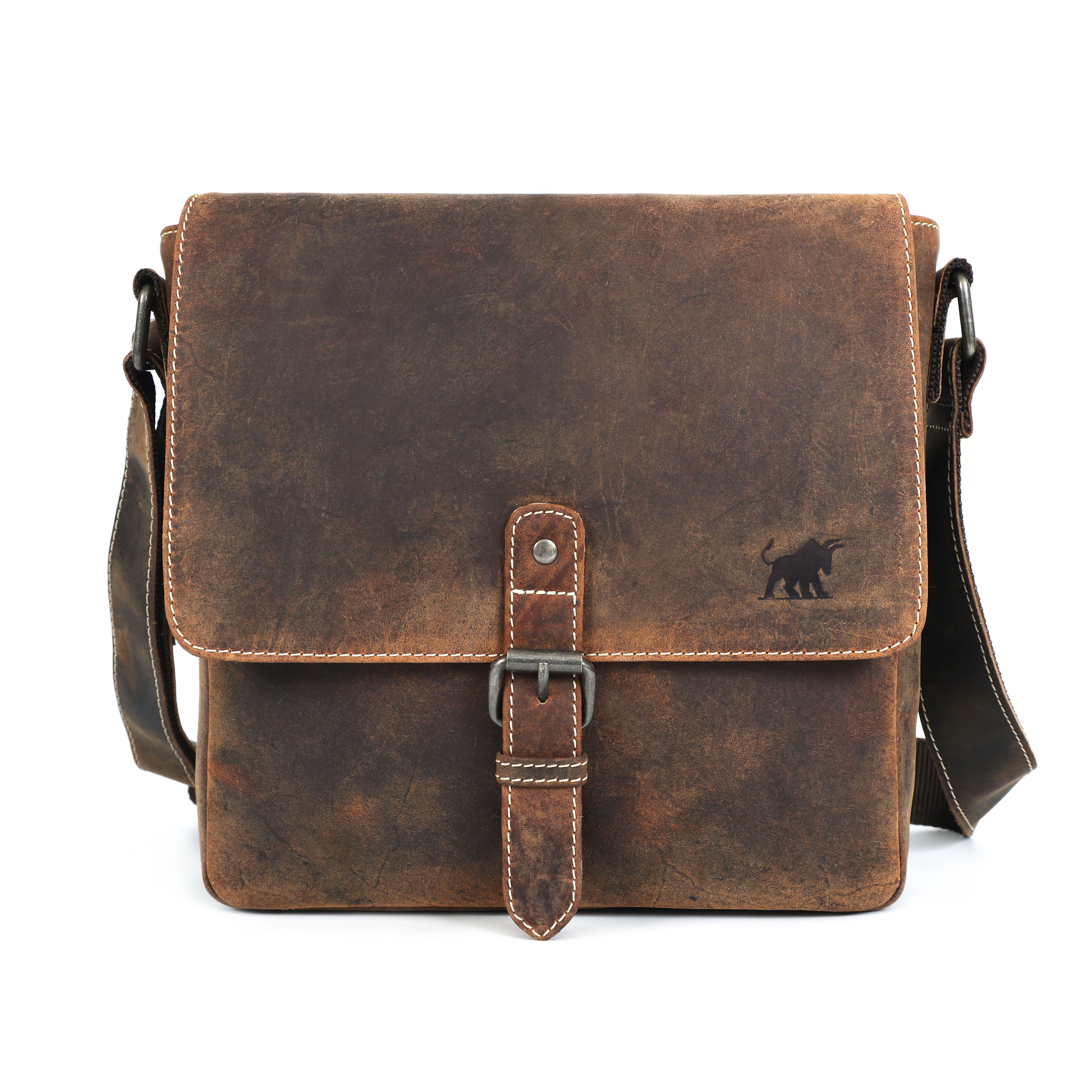 Vintage brown full-grain leather messenger bag with adjustable strap by GM Leather Auckland, handcrafted premium shoulder satchel