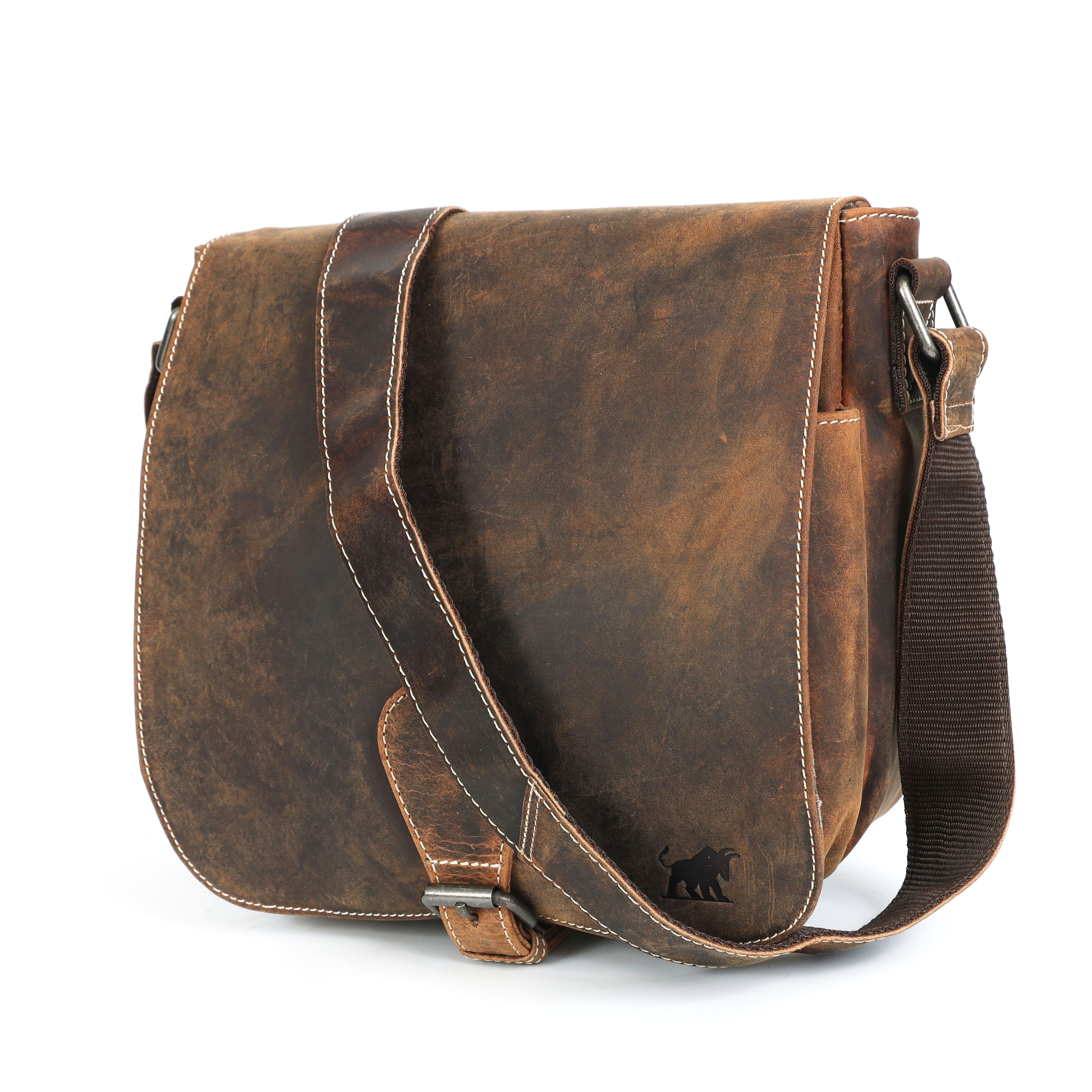 Rugged vintage distressed brown leather messenger bag for men with contrasting stitching and GM Leather Auckland bull logo.