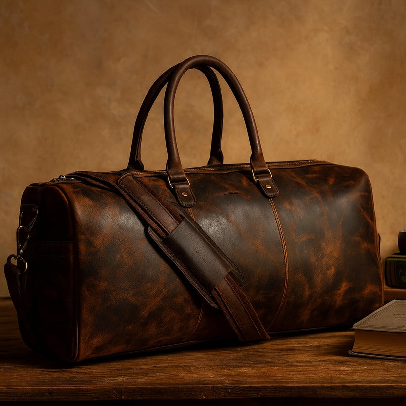 GM Leather Vintage Leather Travel Duffle Bag, full view on a wooden table, showing rich brown leather and shoulder strap in Auckland