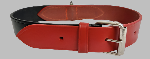 GM Leather Auckland wide red and black colour-block leather dog collar with sturdy silver-toned buckle and D-ring, designed for large breeds.