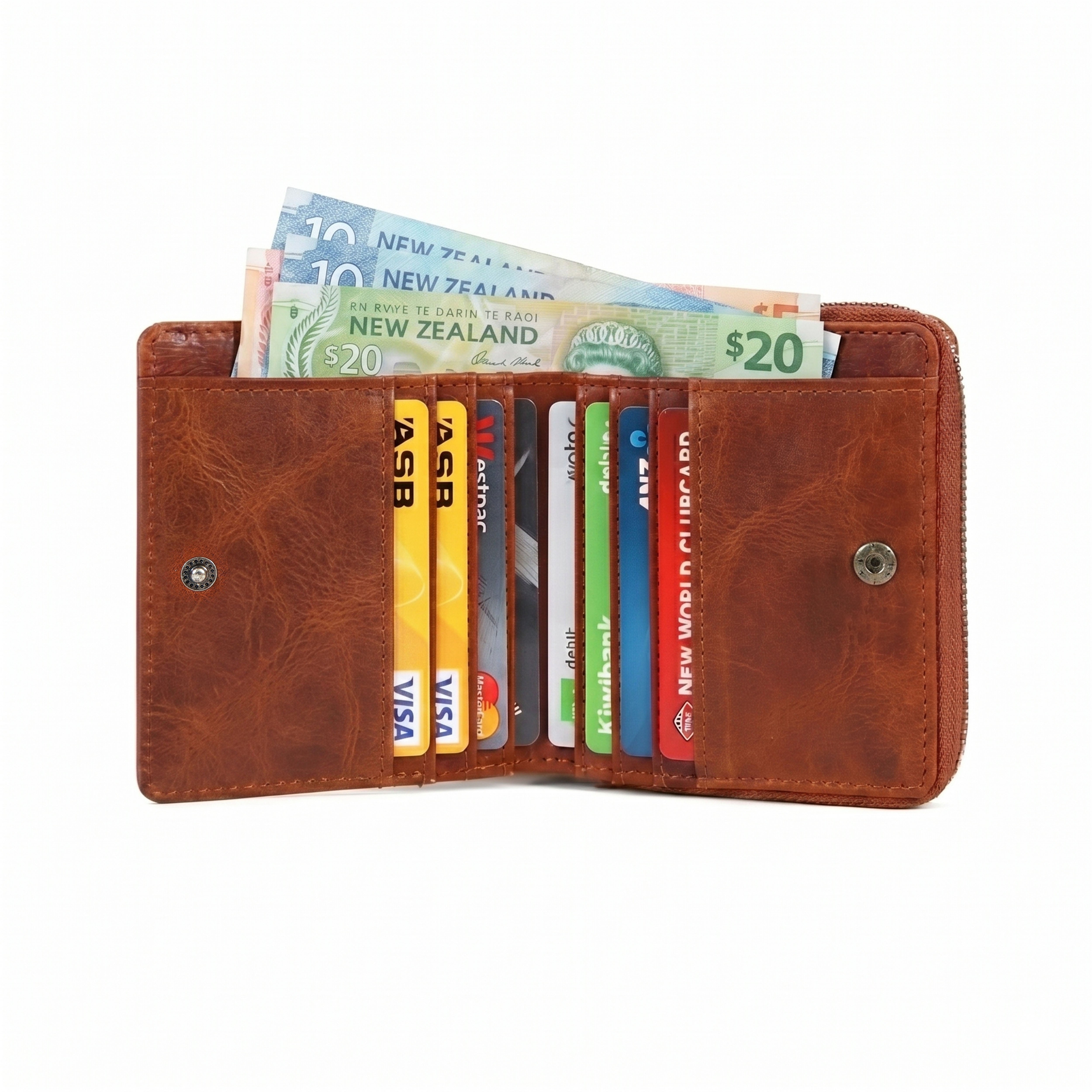 Brown leather wallet with New Zealand currency and credit cards on a white background