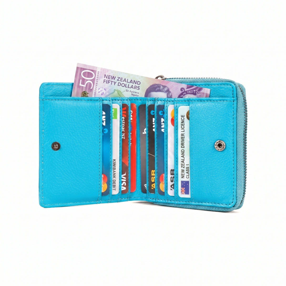 Internal view of GM Leather womens clutch wallet with New Zealand cash and credit card holder